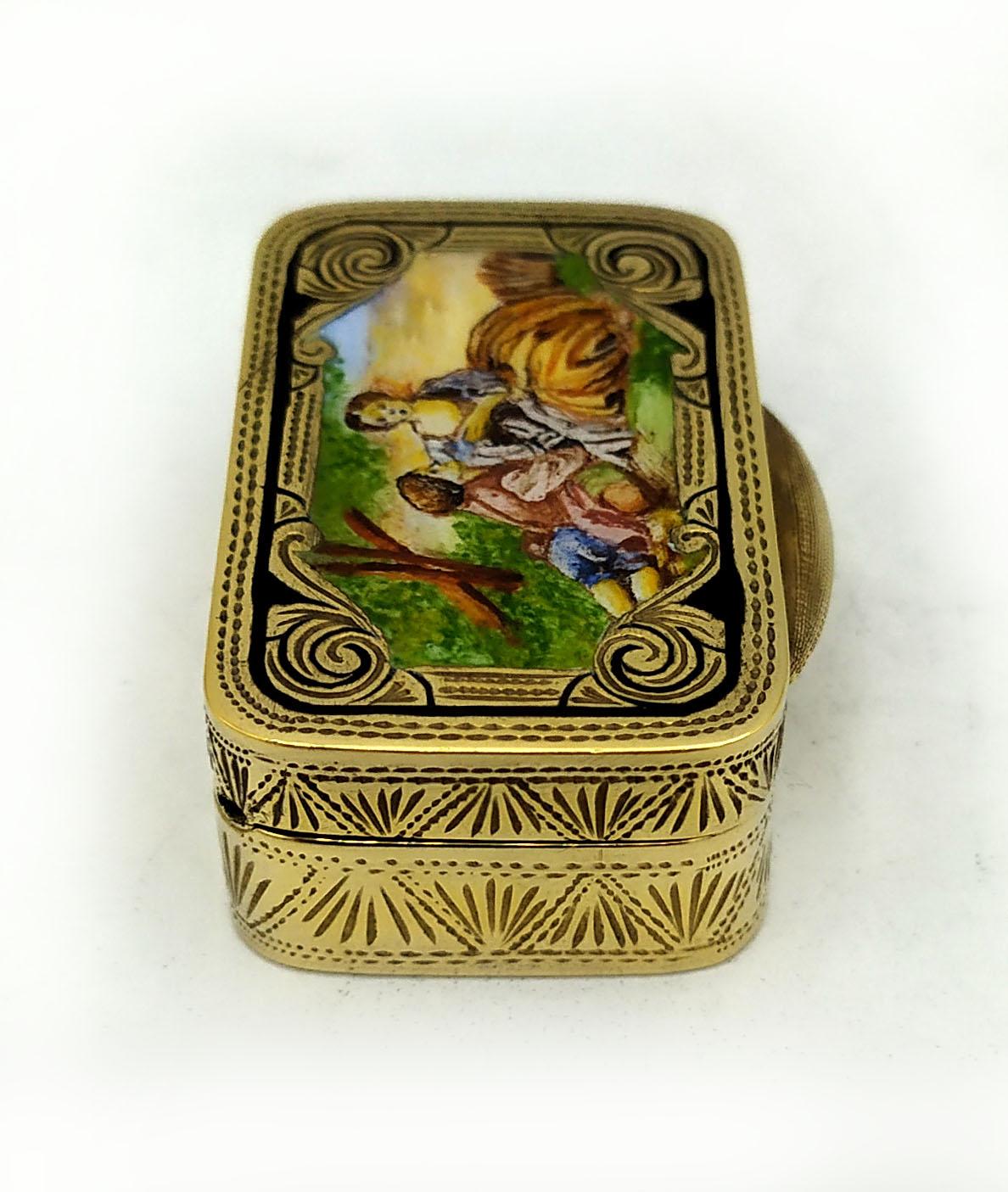 Pill Box Silver is in 925/1000 sterling silver gold plated 24 carats.
Pill Box Silver is Rectangular with translucent fired enamels on guilloché.
Pill Box Silver has a hand-painted miniature and fine hand engravings.
Pill Box Silver Sterling is in