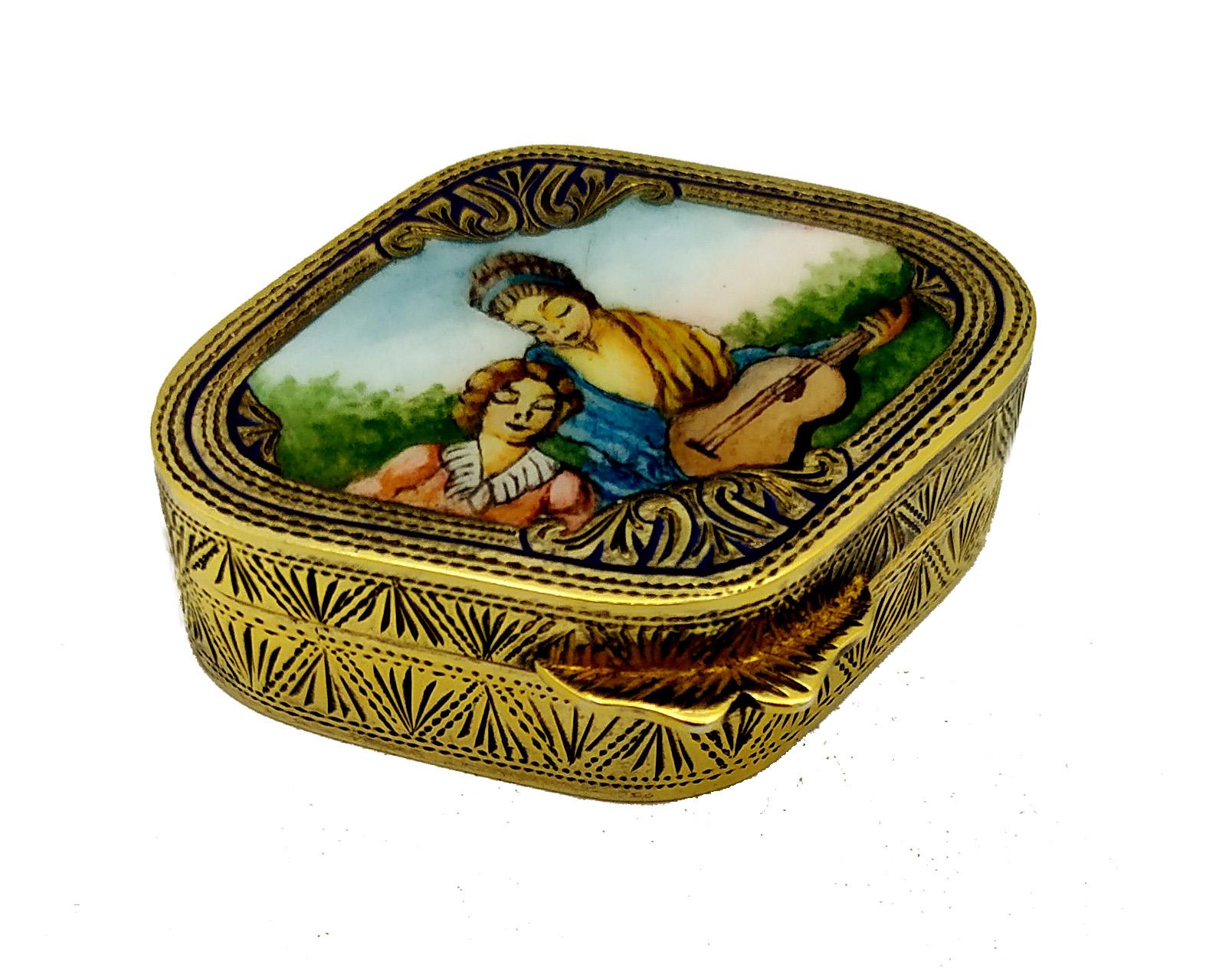 Hand-Carved Pill Box Sterling Silver Hand Painted Miniature Enamel on Guillochè Salimbeni For Sale