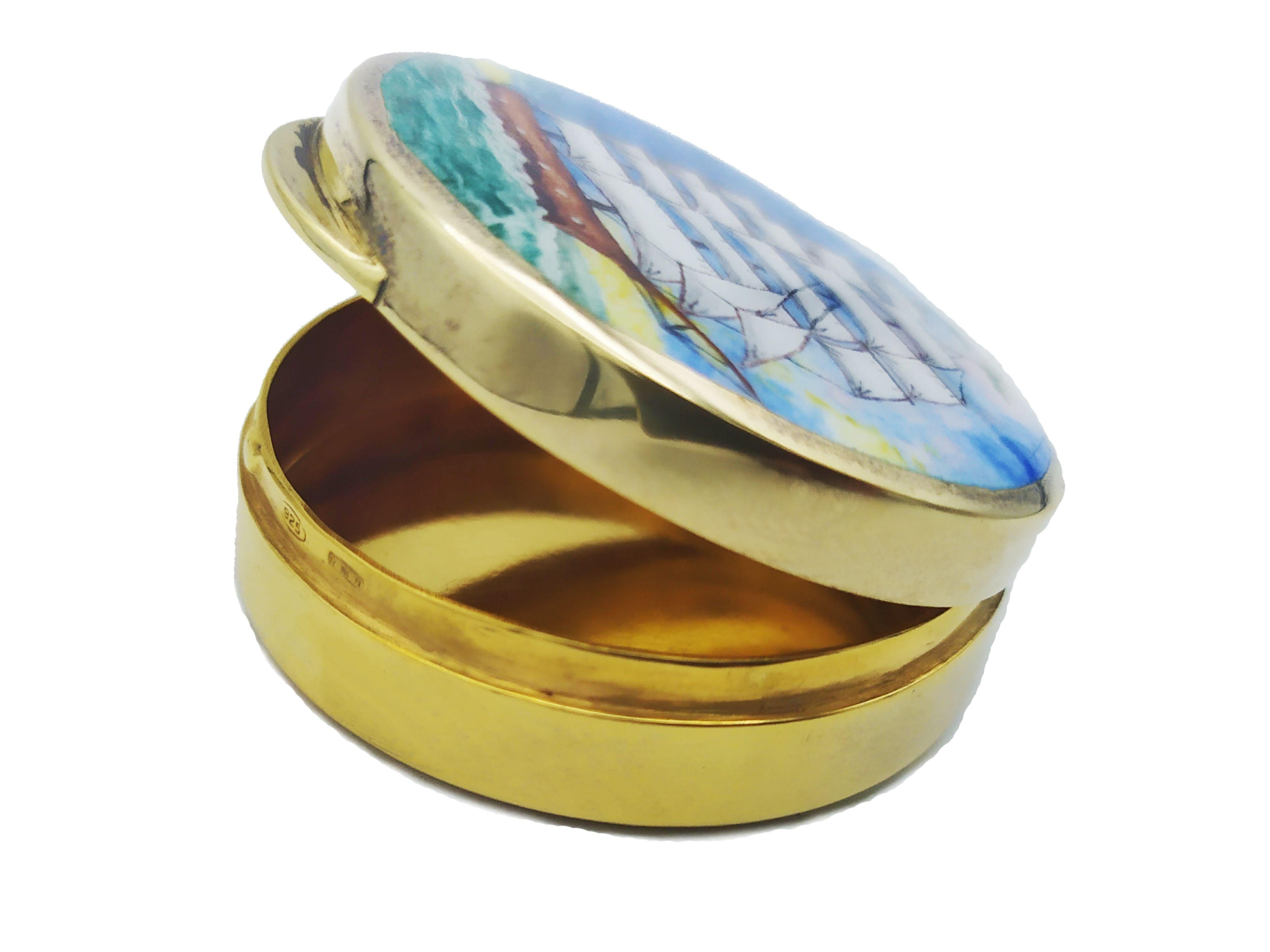 Pastillero Plata de Ley con Velero Pintado a Mano con Esmalte Cocido Moderno en venta