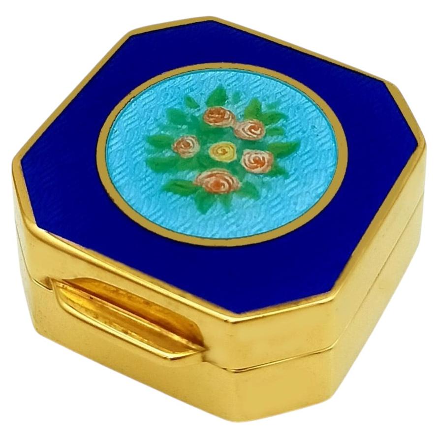 Pill Box with translucent fired enamels on a guilloche pattern and a miniature Salimbeni For Sale