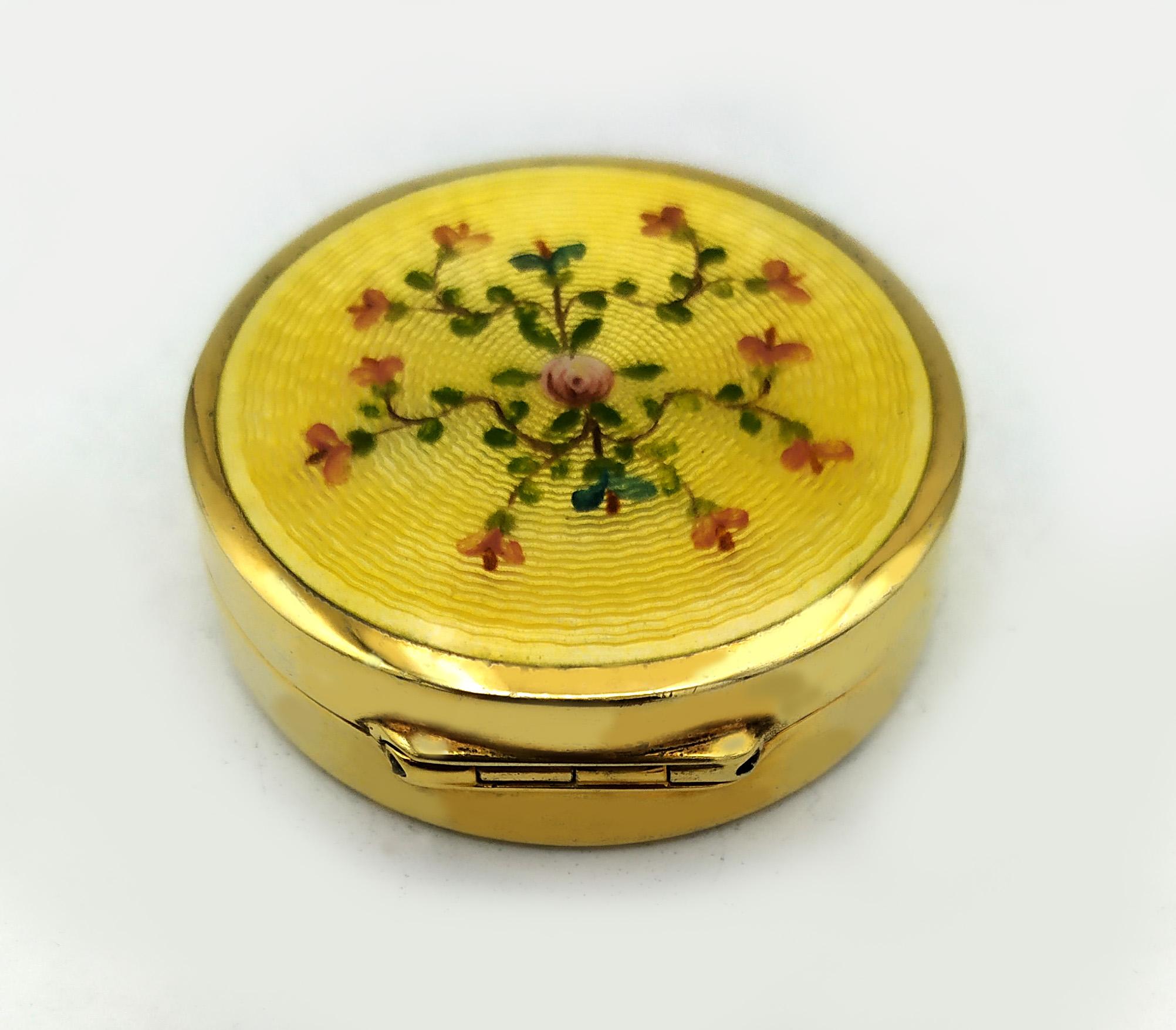 Pill Box Yellow floral miniature in Art Nouveau style Sterling Silver Salimbeni.Round pillbox in 925/1000 sterling silver gold plated with translucent fired enamels on guillochè, and hand-painted floral miniature. Viennese Art Nouveau style second