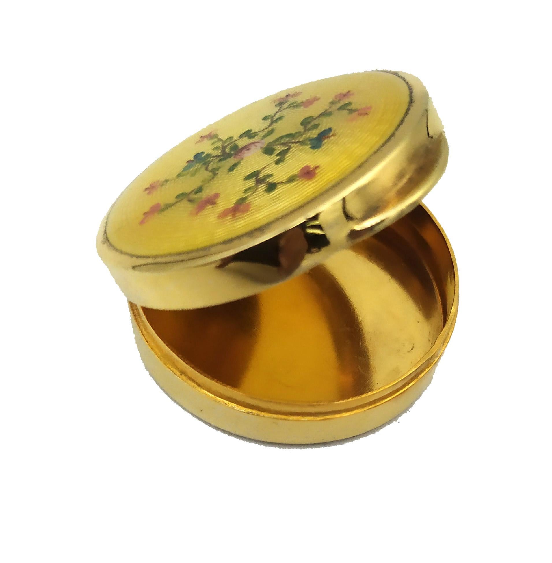 Italian Pill Box Yellow floral miniature in Art Nouveau style Sterling Silver Salimbeni For Sale