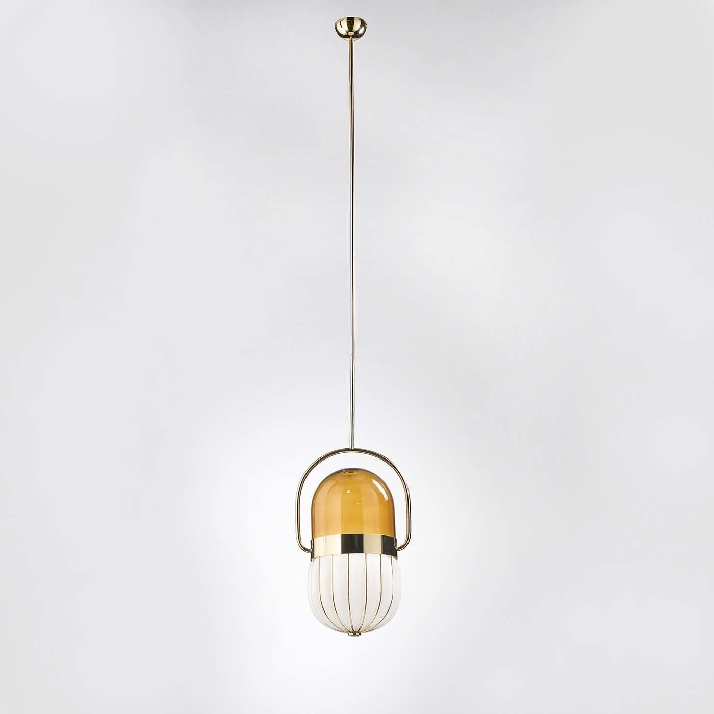 Part of a collection designed by Matteo Zorzenoni and aptly named for its curved Silhouette that resembles a pill, this elegant two-light ceiling lamp was crafted using centuries-old Murano craftsmanship, with glass mouth-blown directly into the