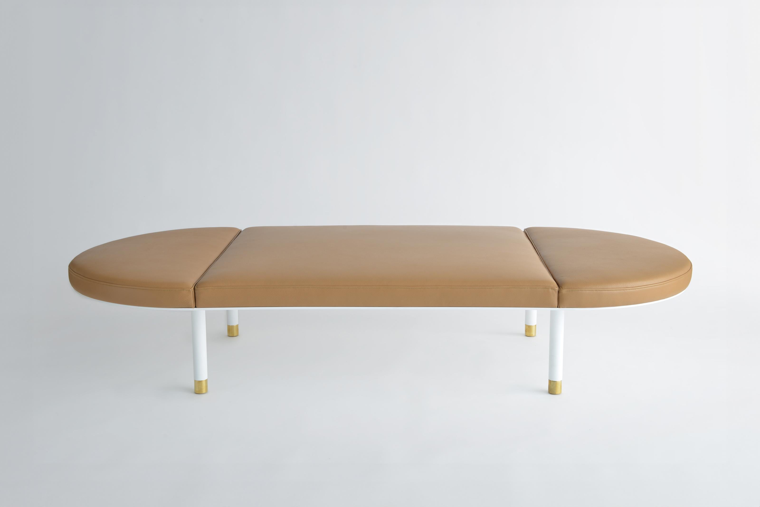 Pill Leather Daybed by Phase Design
Dimensions: D 182.9 x W 86.4 x H 34.3 cm. 
Materials: Powder-coated steel, brass and leather.

Powder-coated steel base with solid brass tips. Powder coat finishes are available in flat black, flat white, or flat