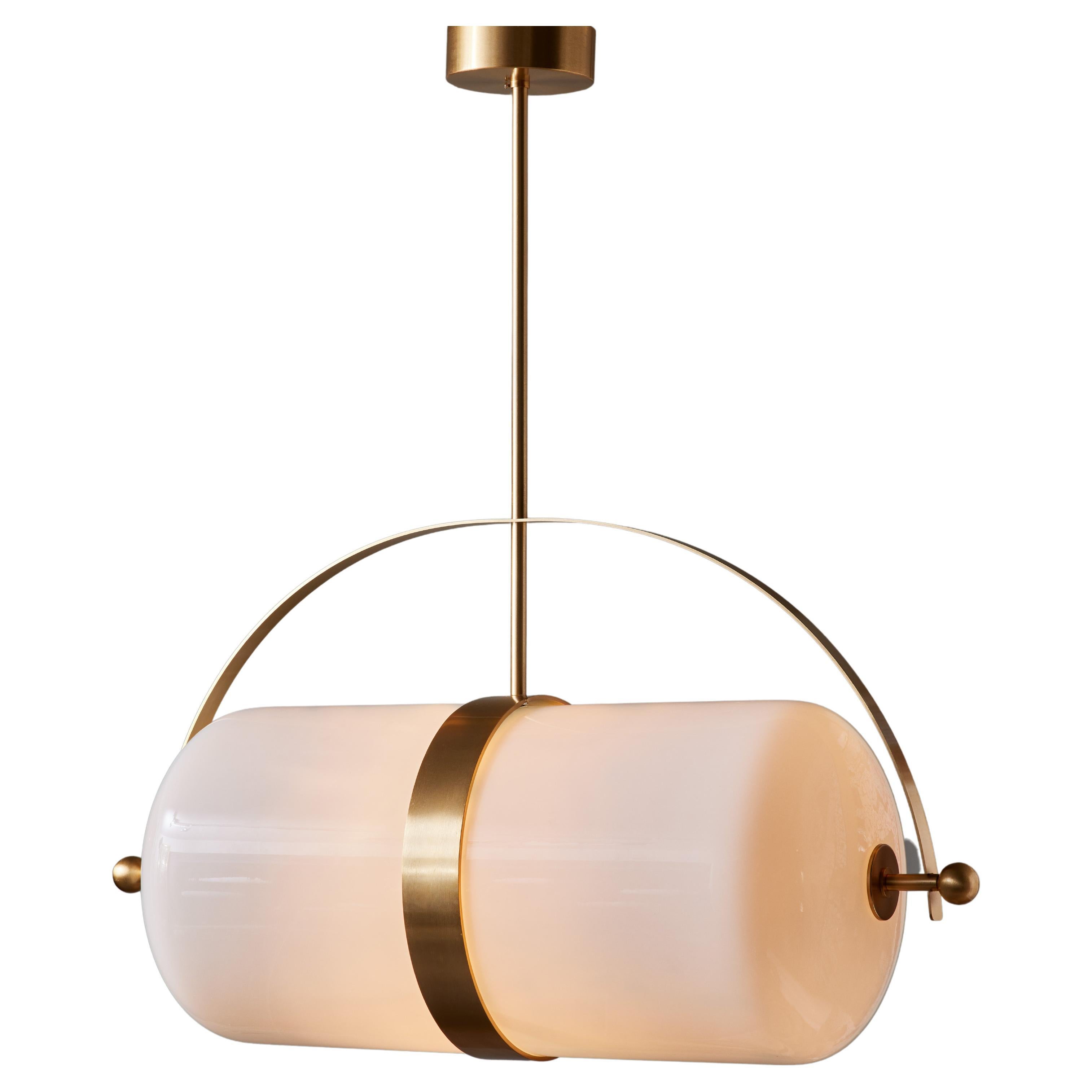 Pill Shaped Brass and Opaline Glass Suspension For Sale