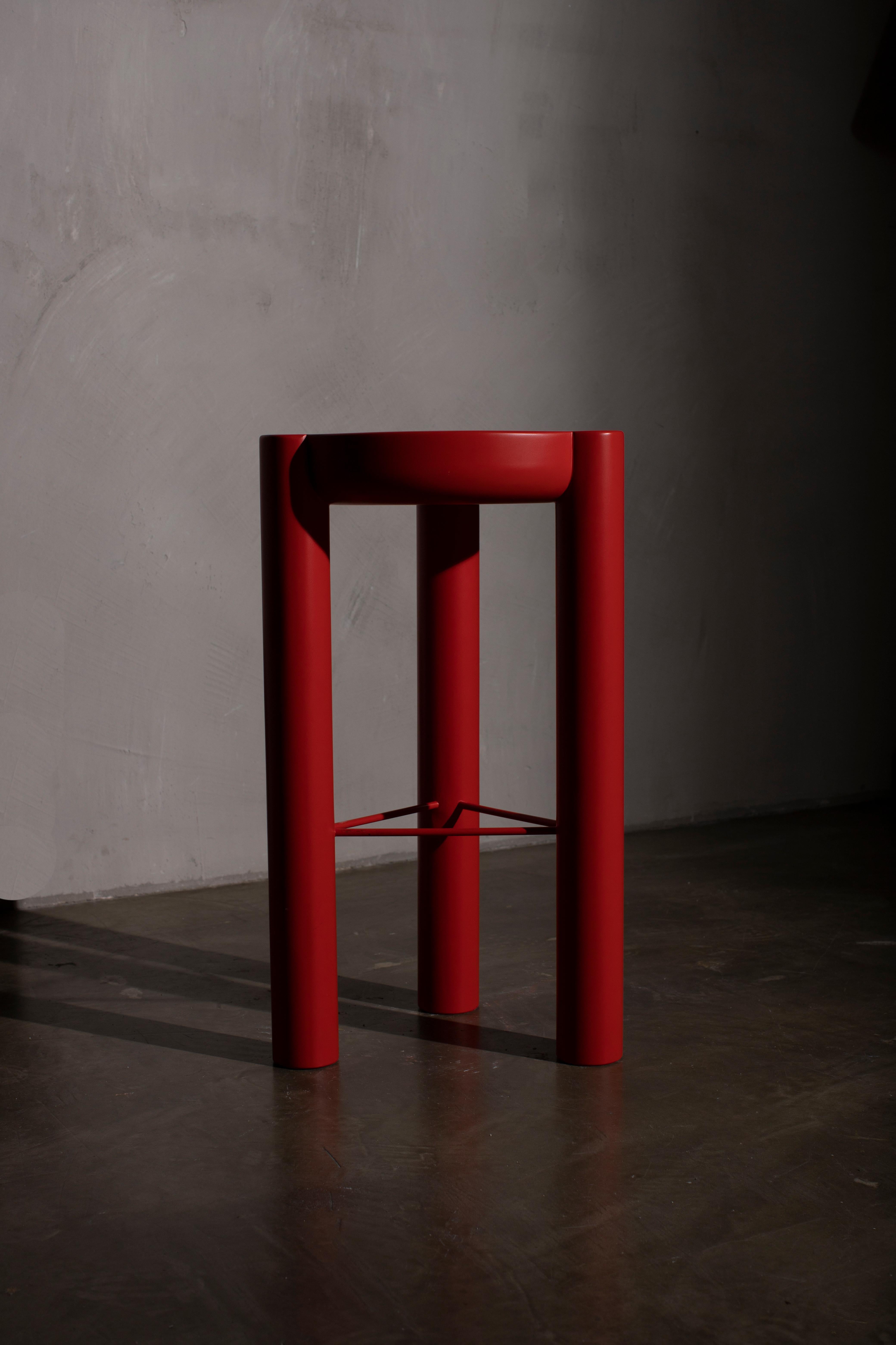 Turkish Pillar Bar Stool 3 Legged Wood and Lacquered, Red For Sale