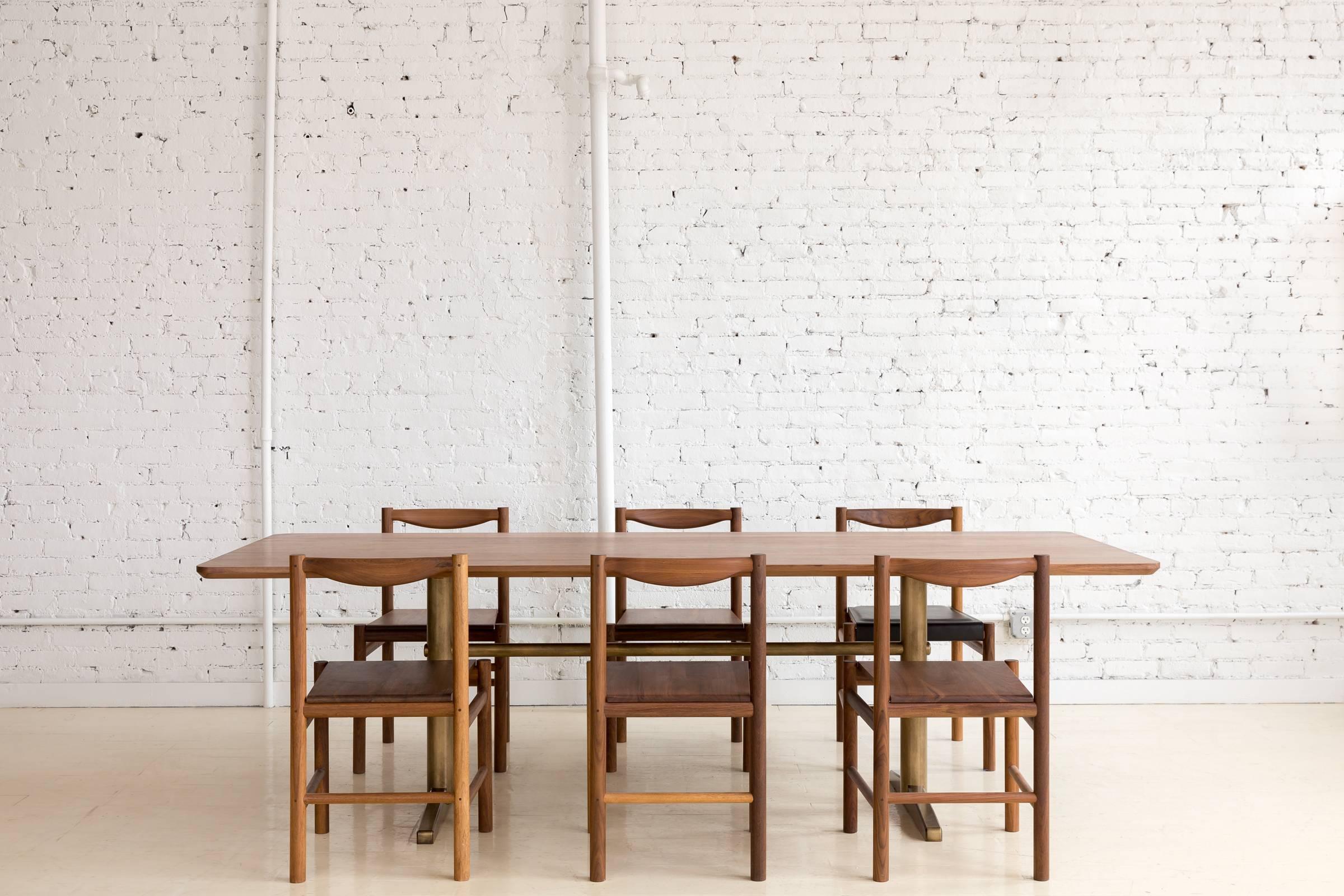 American Pillar Dining Table in Walnut and Brushed Brass by Fort Standard, in Stock For Sale