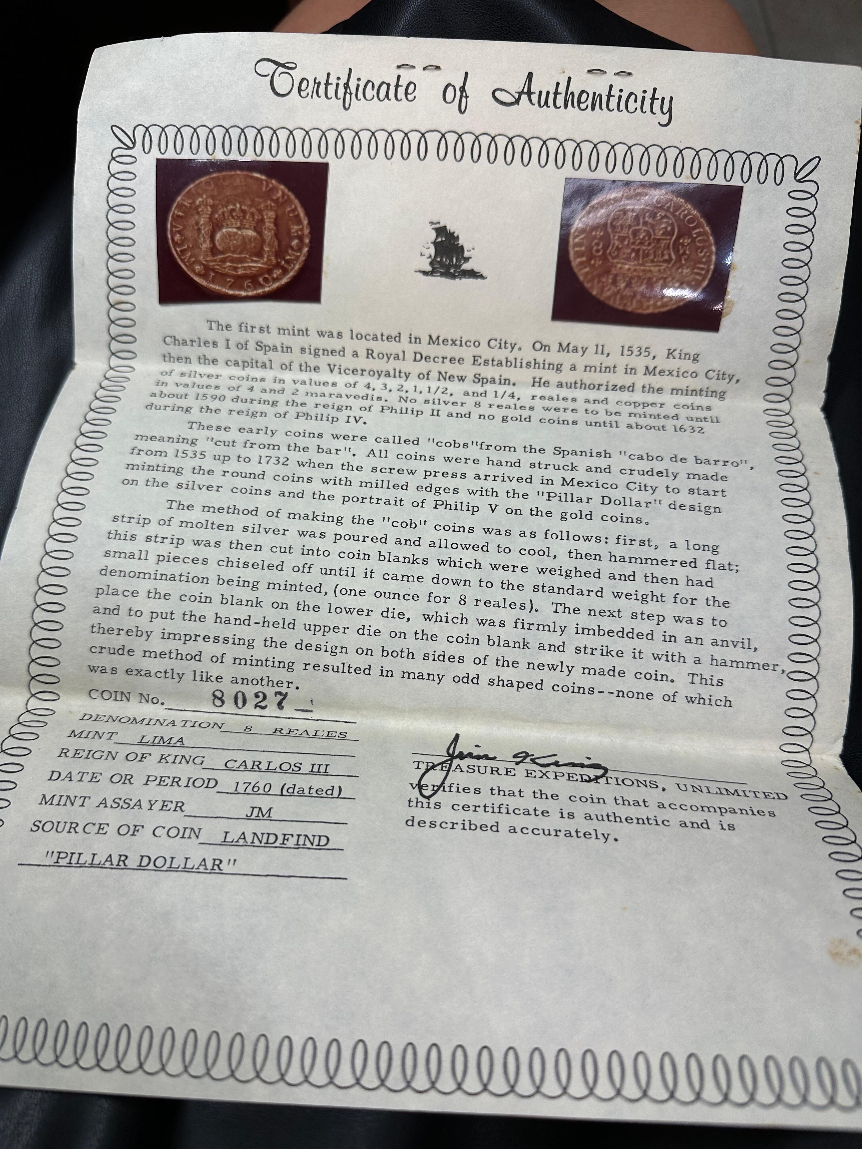 Moneta Pillar Dollar 1760 Moneta super rara autentica con certificato in vendita 1