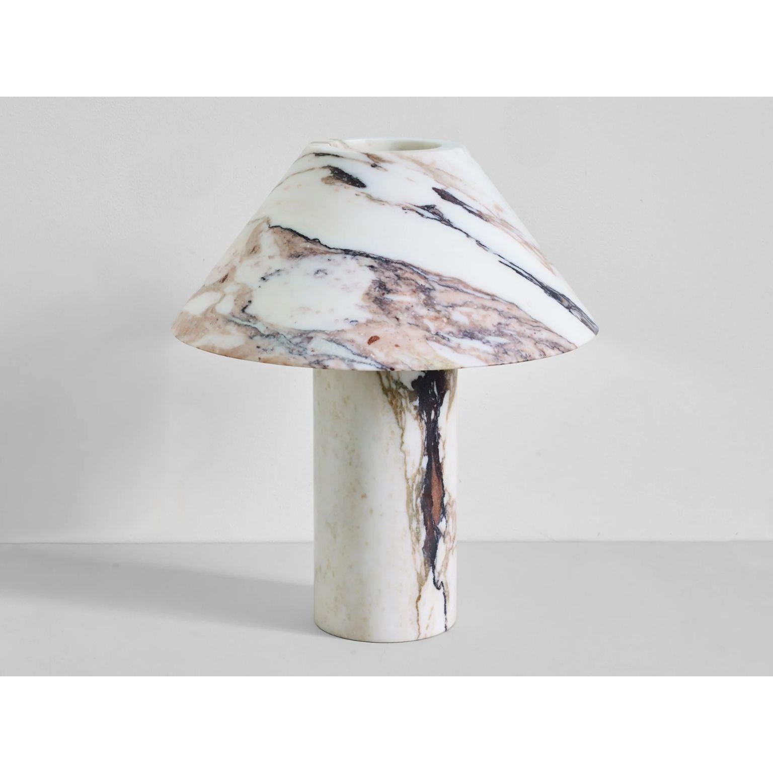 Large Calacatta Viola Pillar Lamp by Henry Wilson
Dimensions: D 35 x H 40 cm
Materials: Calacatta Viola Marble

Pillar Lamp is hewn from two pieces of solid Calacatta Viola Marble. As stone is a natural material, variations of the pattern will occur