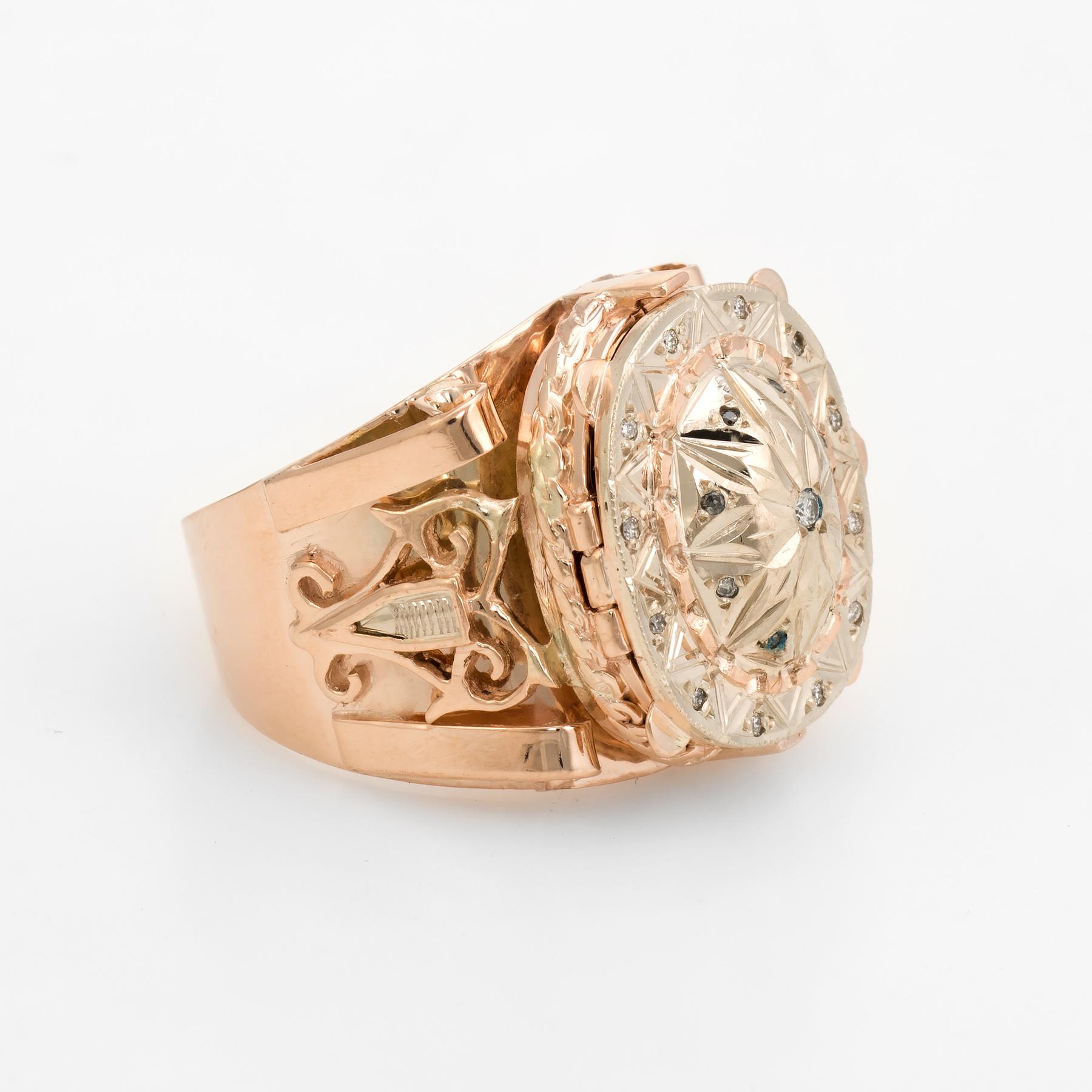 Pillbox Ring Öffnet 14 Karat Gold Diamant Cocktail Ring Geheimfach (Rundschliff)