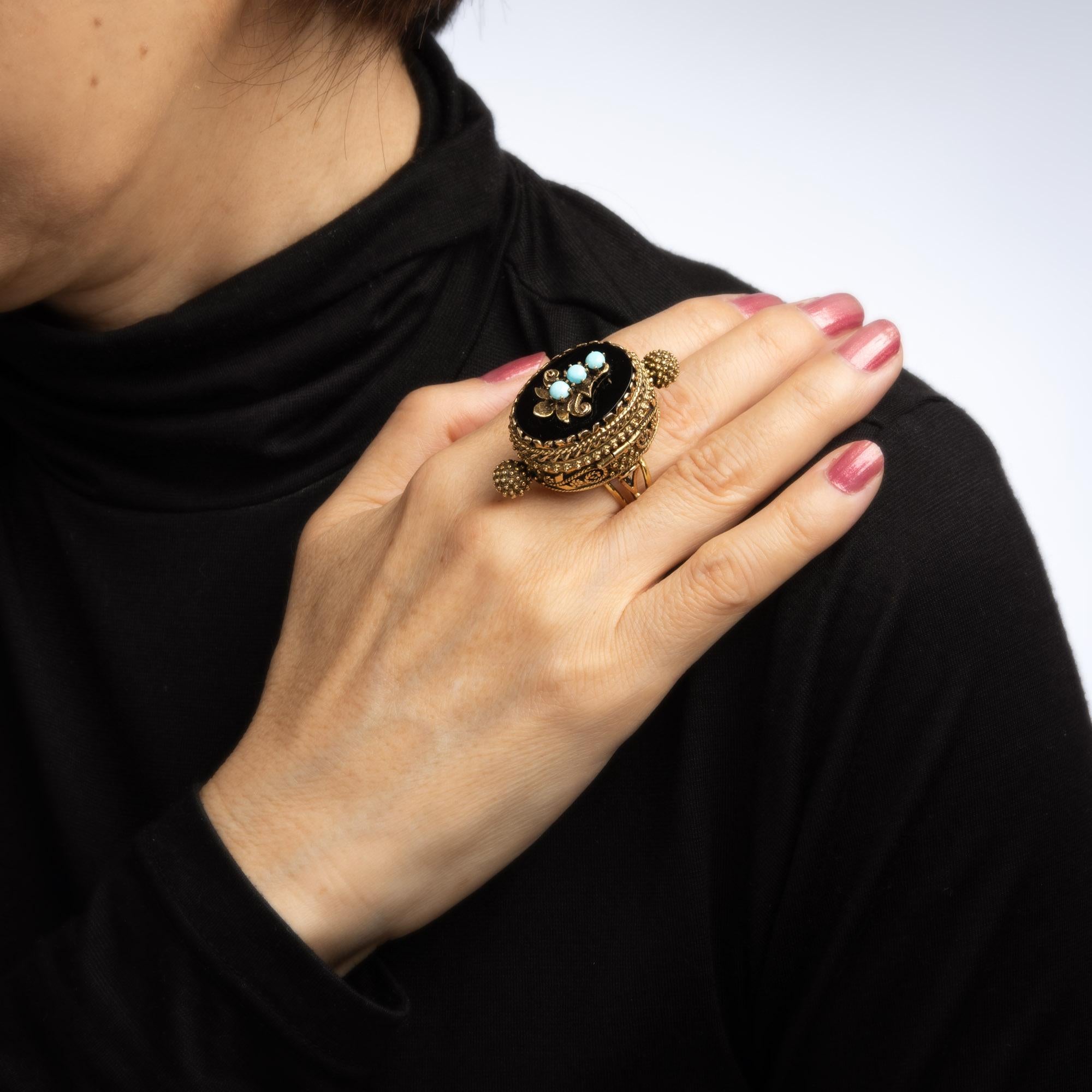 Cabochon Pillbox Ring Vintage 14k Yellow Gold Onyx Jewelry Opens Secret Compartment For Sale