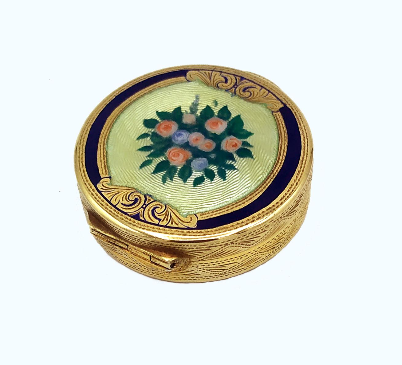 Gold Plate Pillbox with Flowers Hand painted Viennese Art Nouveau Style Salimbeni