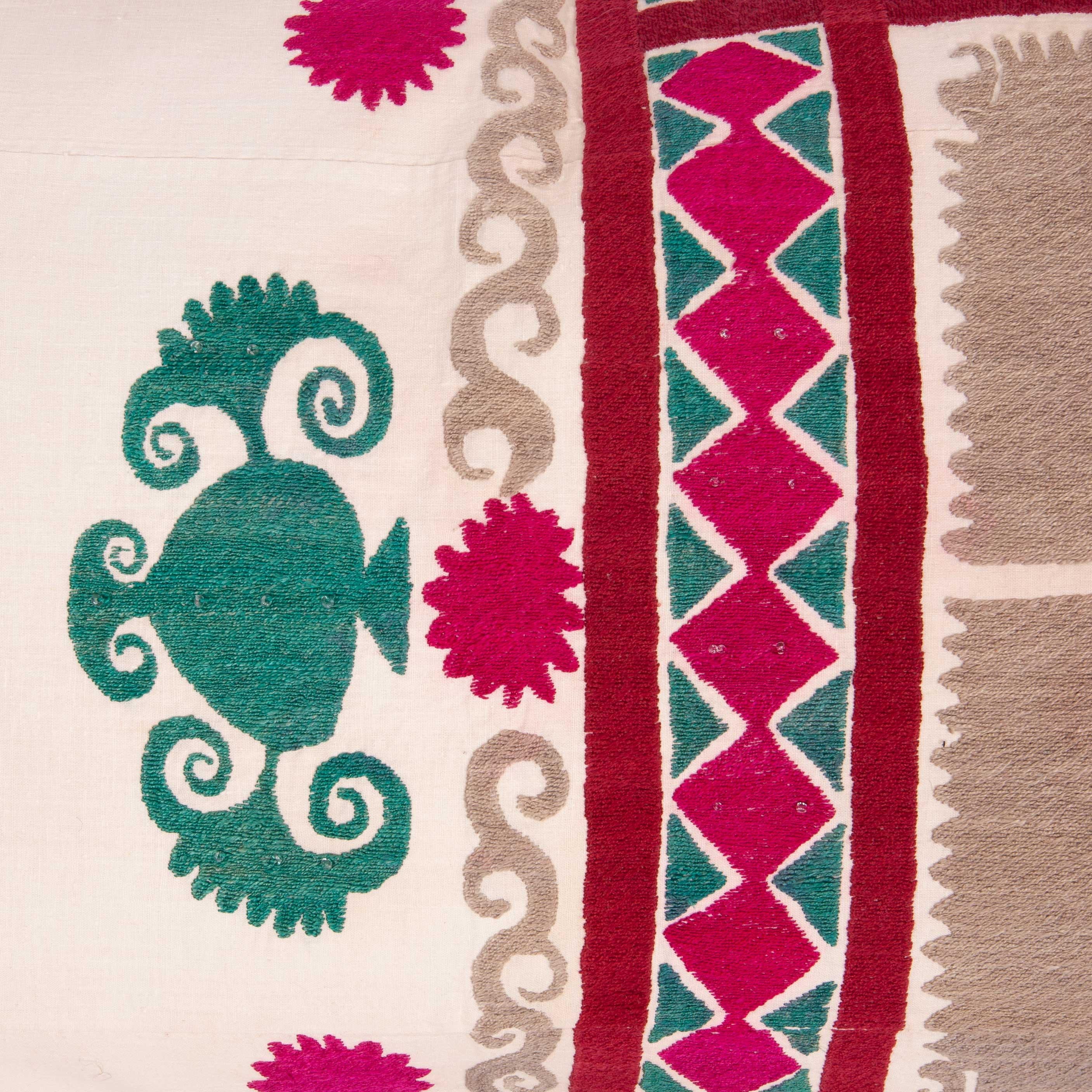 Embroidered Pillow Case Made from a Vintage Suzani, Uzbekistan, Mid-20th Century For Sale
