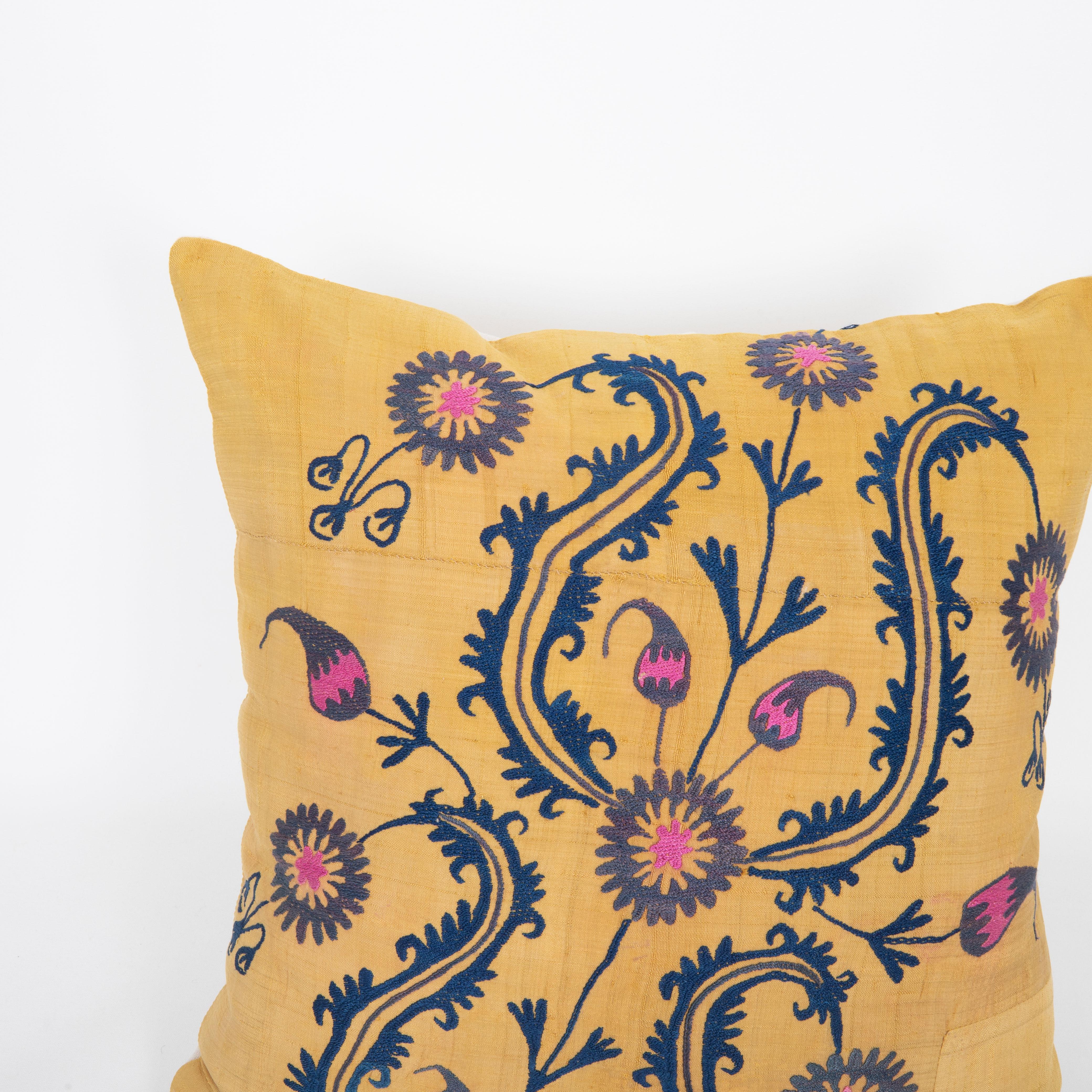 Embroidered Pillow Case Made from an Old Uzbek Silk Suzani For Sale