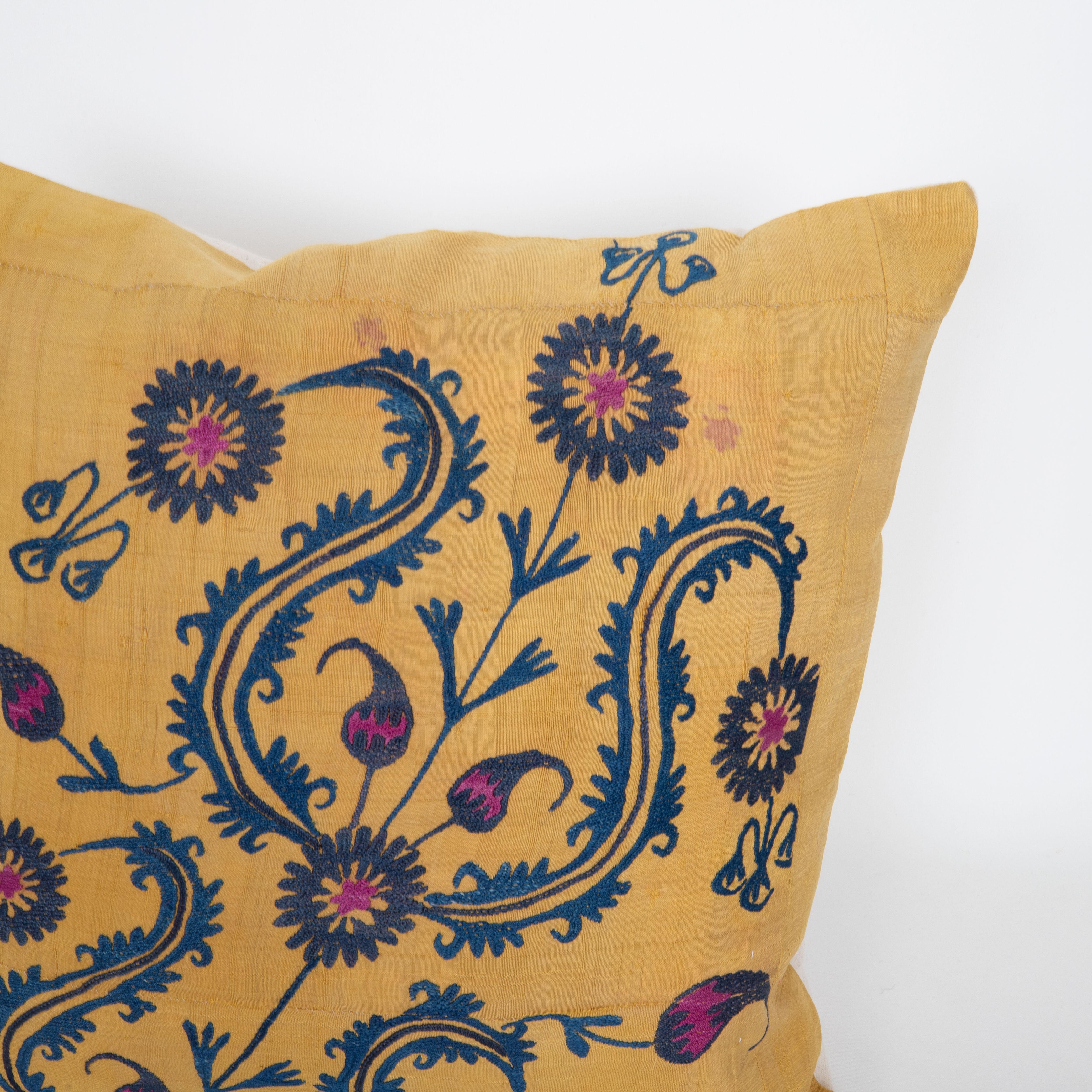 Embroidered Pillow Case Made from an Old Uzbek Silk Suzani For Sale