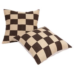 Pillow Cases with Chequers Design Fashioned from a Mid 20th C. Flat Weave