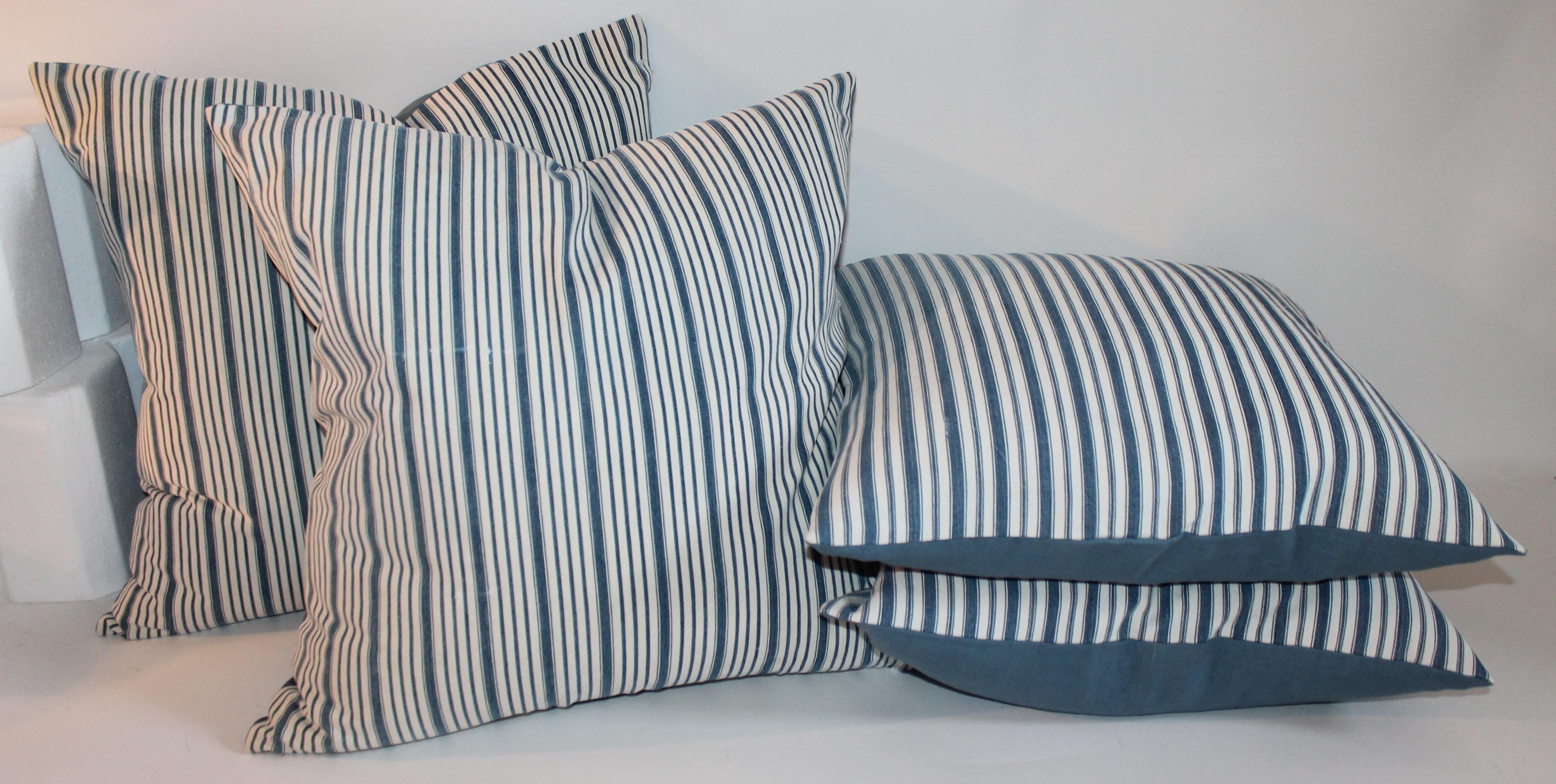 Country Pillow Collection of 19th Century Blue and White Ticking Pillows For Sale
