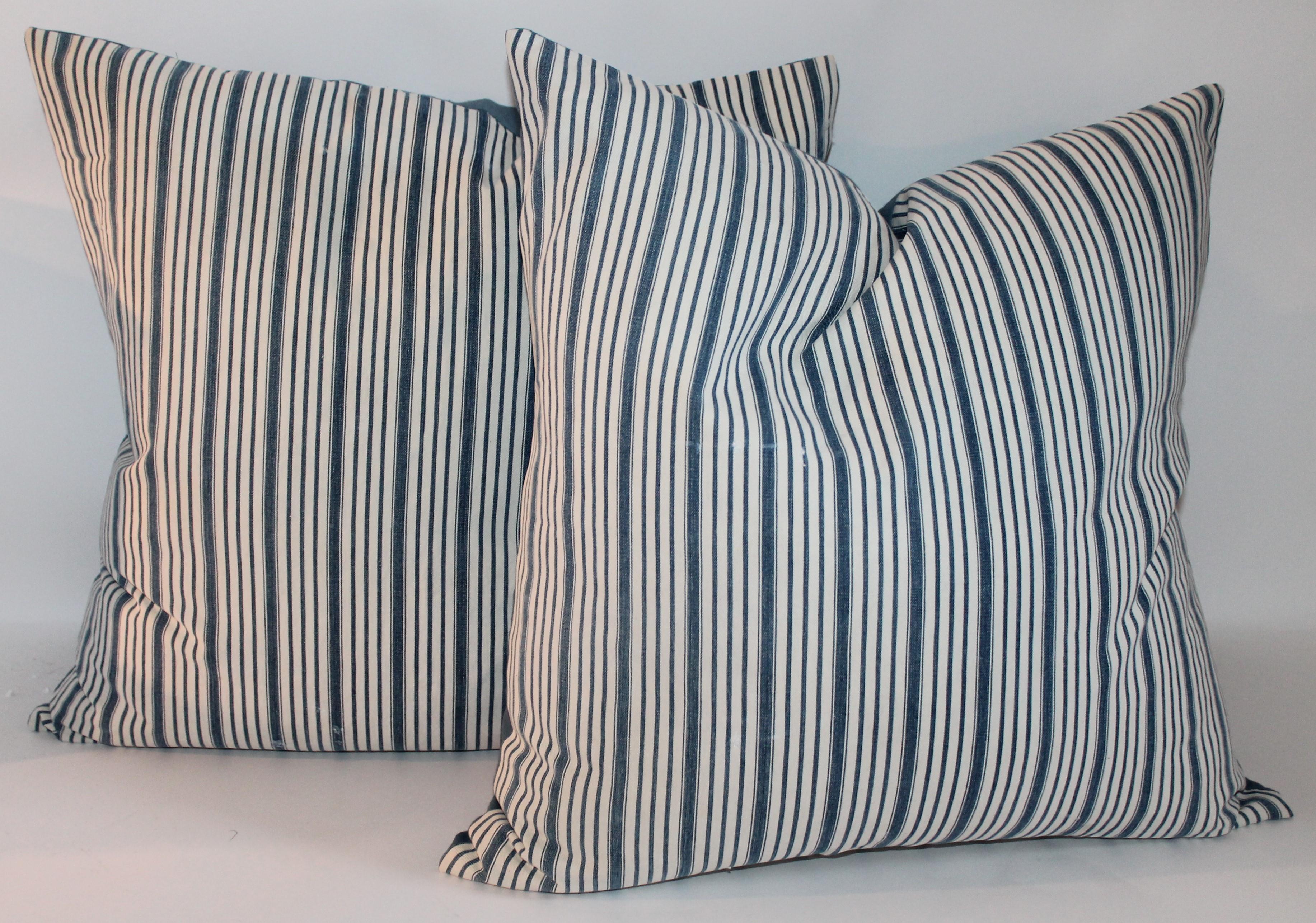 American Pillow Collection of 19th Century Blue and White Ticking Pillows For Sale