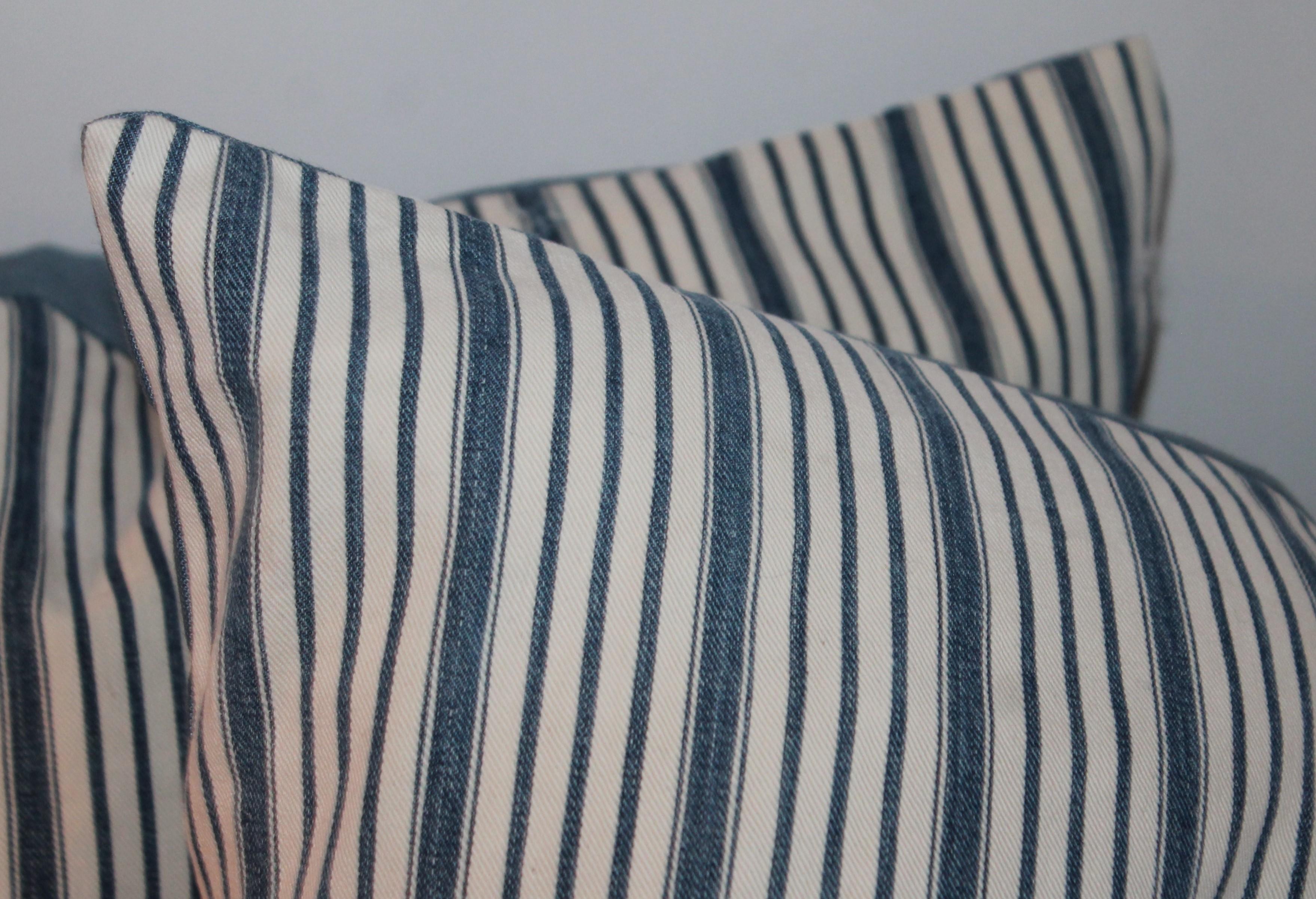 Pillow Collection of 19th Century Blue and White Ticking Pillows In Good Condition For Sale In Los Angeles, CA