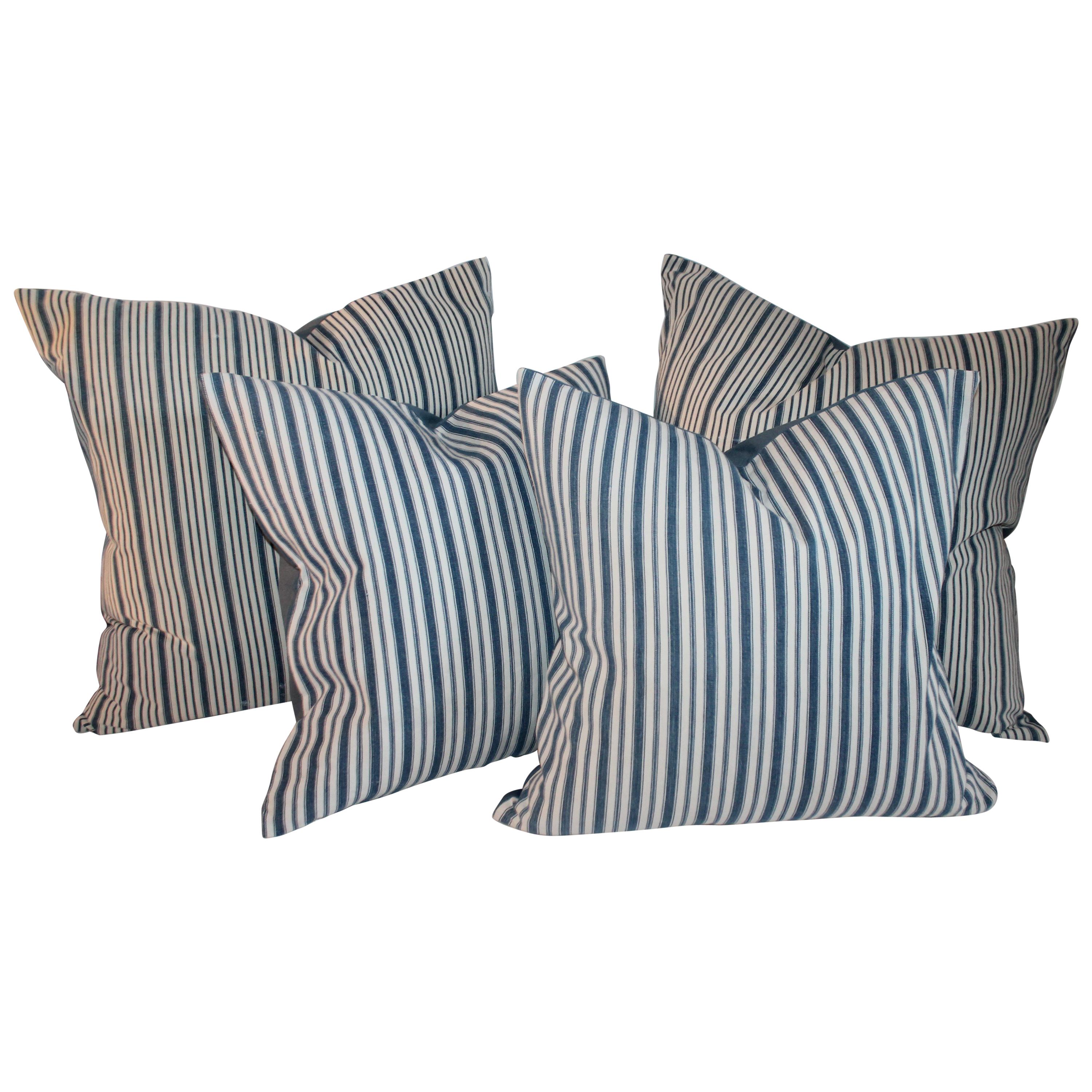 Pillow Collection of 19th Century Blue and White Ticking Pillows For Sale