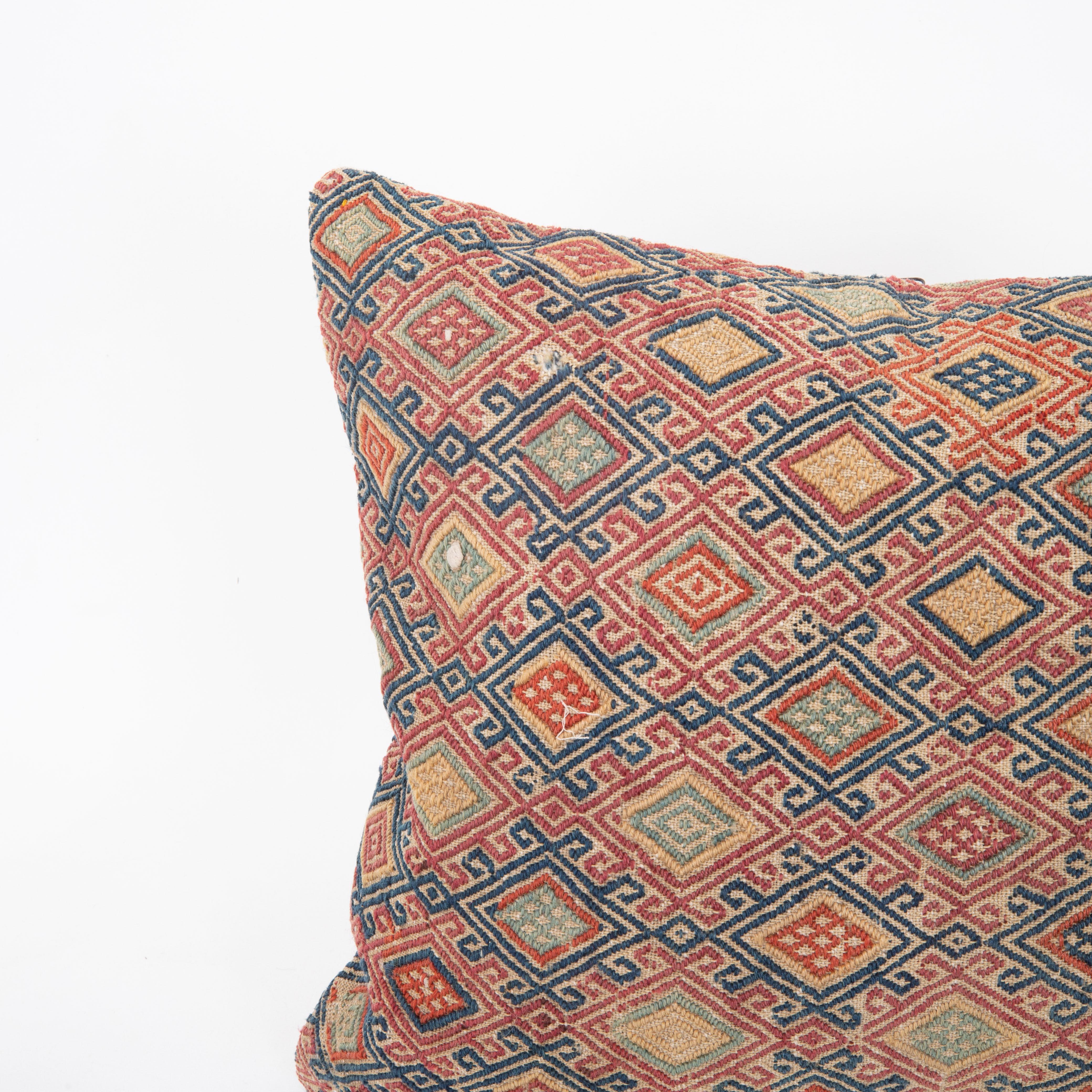 Kilim Pillow Cover Fashioned from an Antique Anatolian Cicim Bag Face