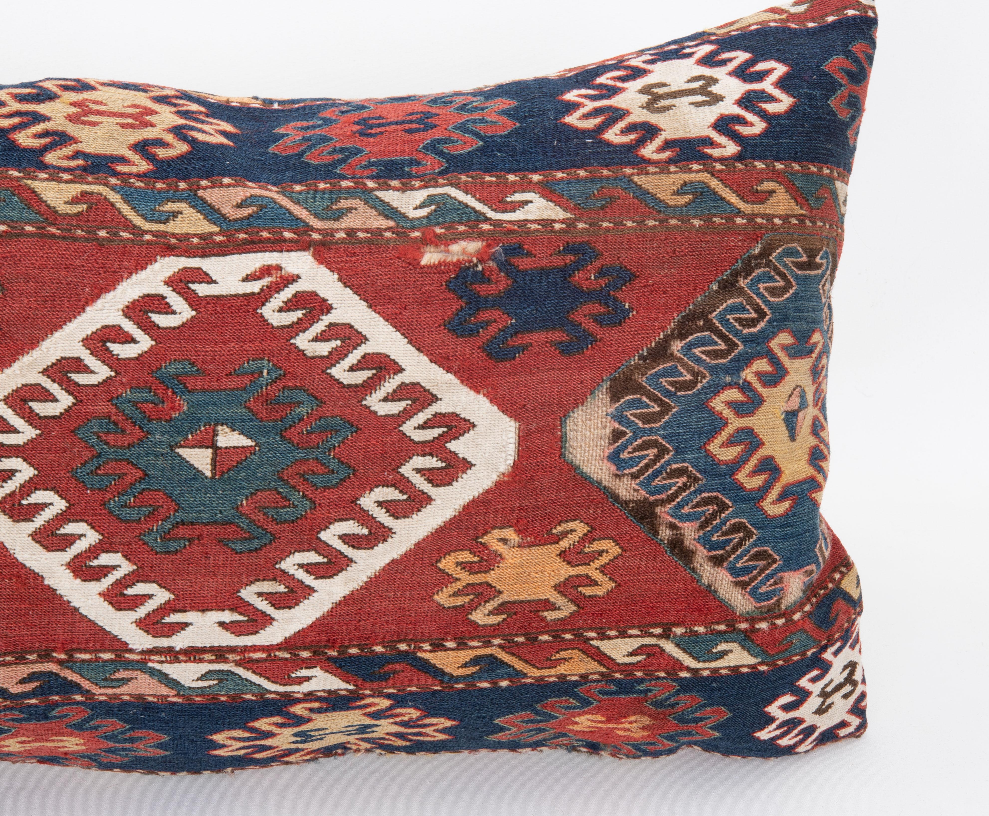 Pillow Cover Made from an Antique Caucasian Sumak Mafrash ( storage Bag ) Panel In Fair Condition For Sale In Istanbul, TR