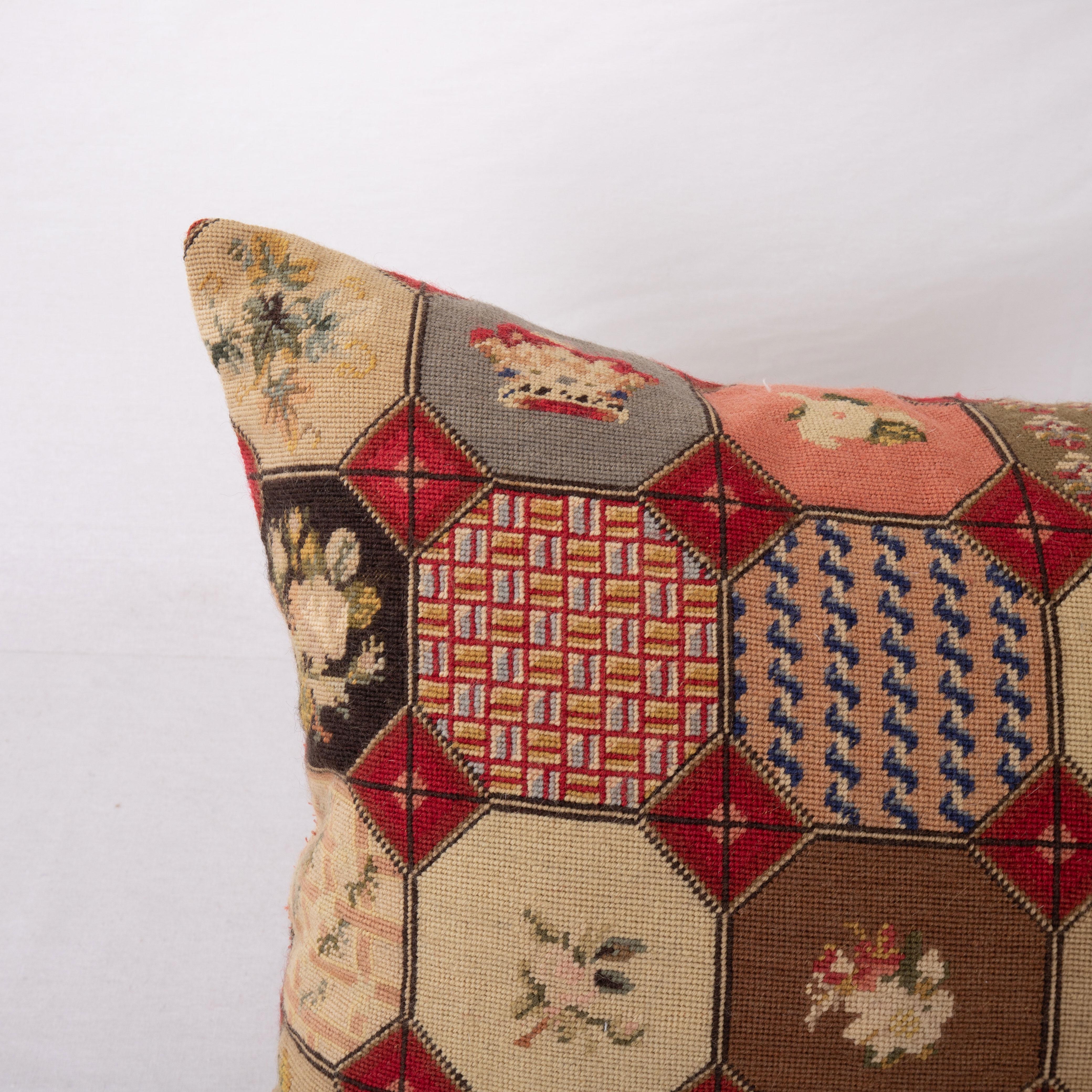 English Pillow Cover Made from an Antique Petit Point European Embroidery Early 20th C