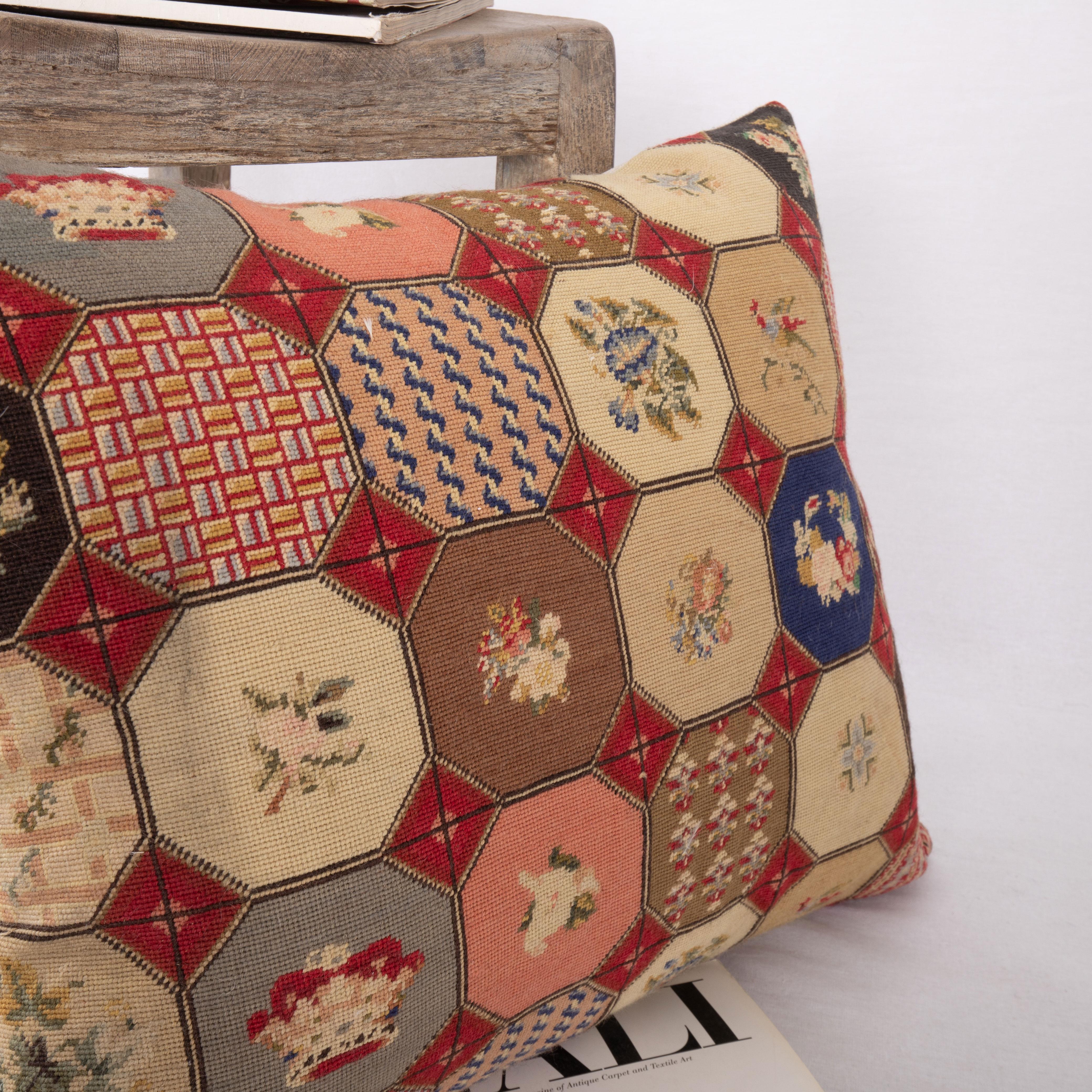 Cotton Pillow Cover Made from an Antique Petit Point European Embroidery Early 20th C.