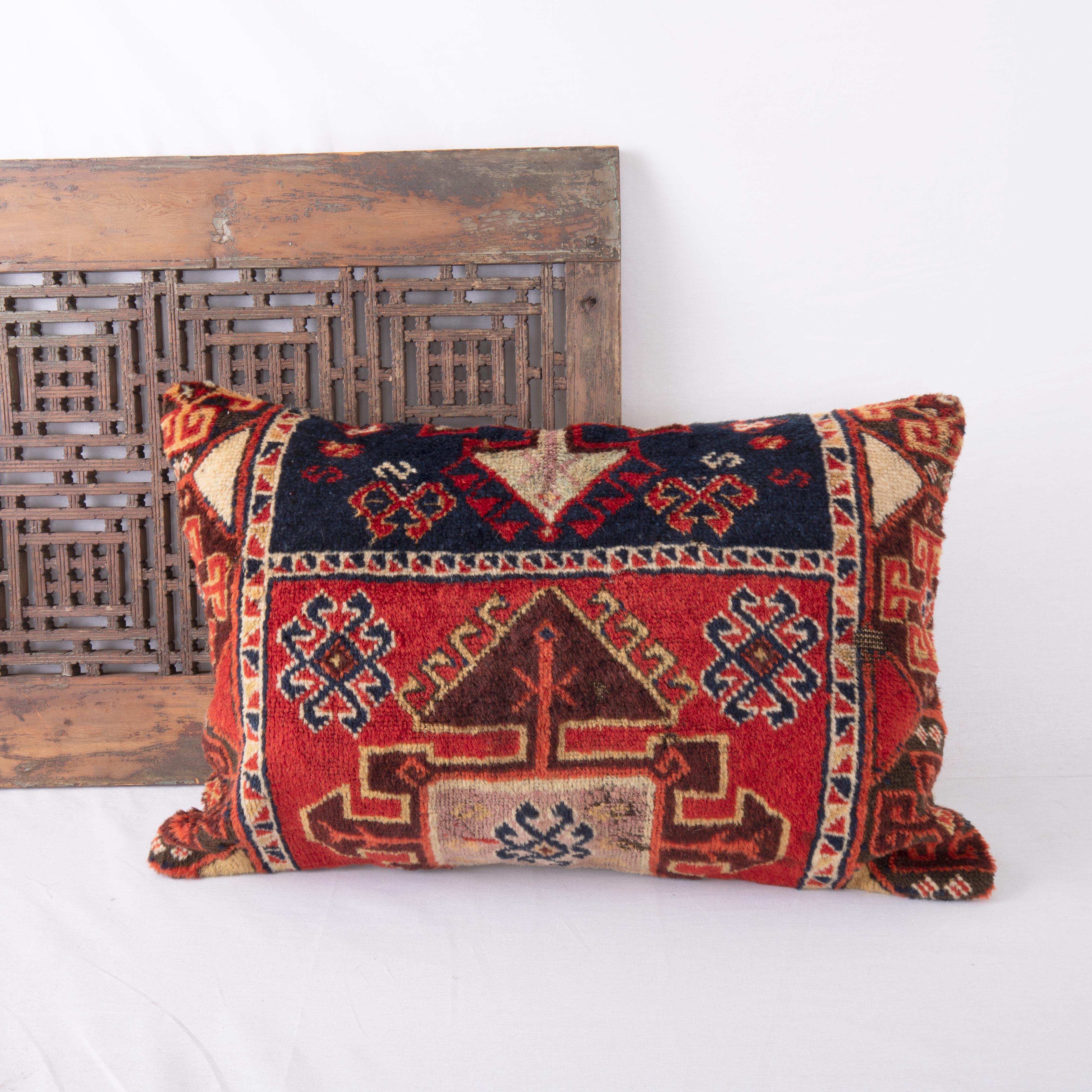 Wool Pillow Cover Made from an Eastern Anatolian Antique Rug Fragment, 19th Century For Sale
