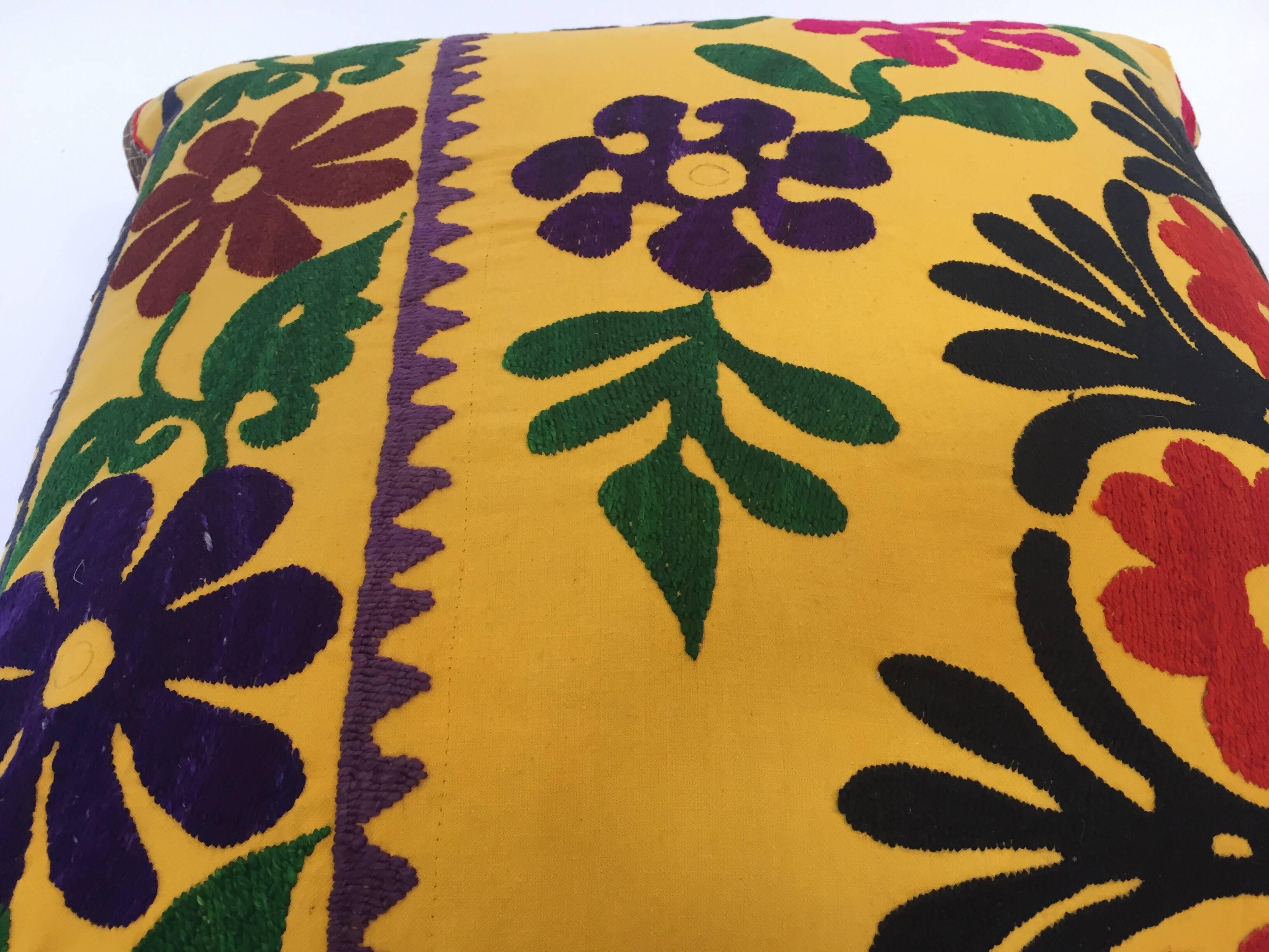 Vintage Large Yellow Suzani Embroidery Decorative Throw Pillow from Uzbekistan 4