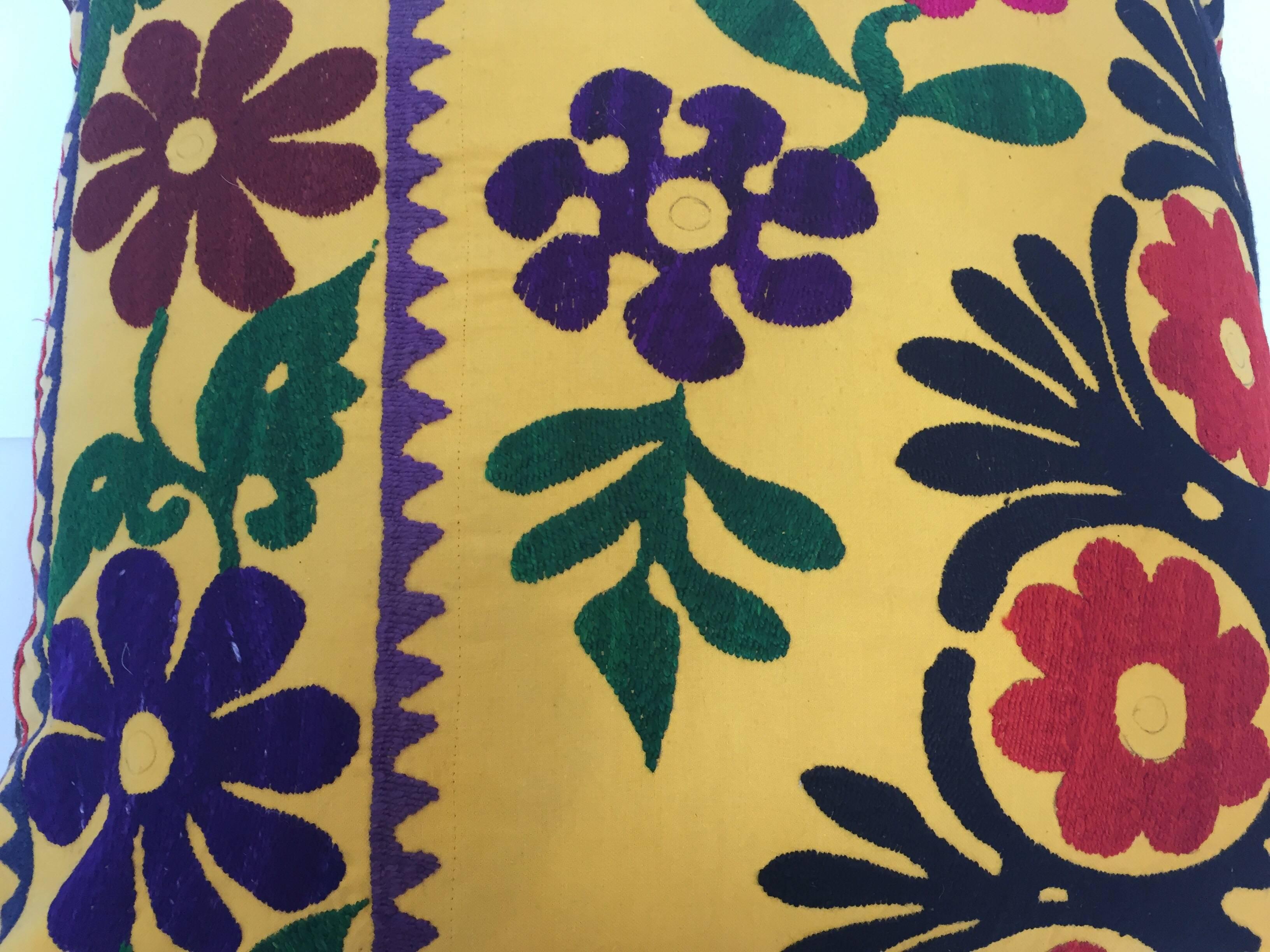 Vintage Large Yellow Suzani Embroidery Decorative Throw Pillow from Uzbekistan 5