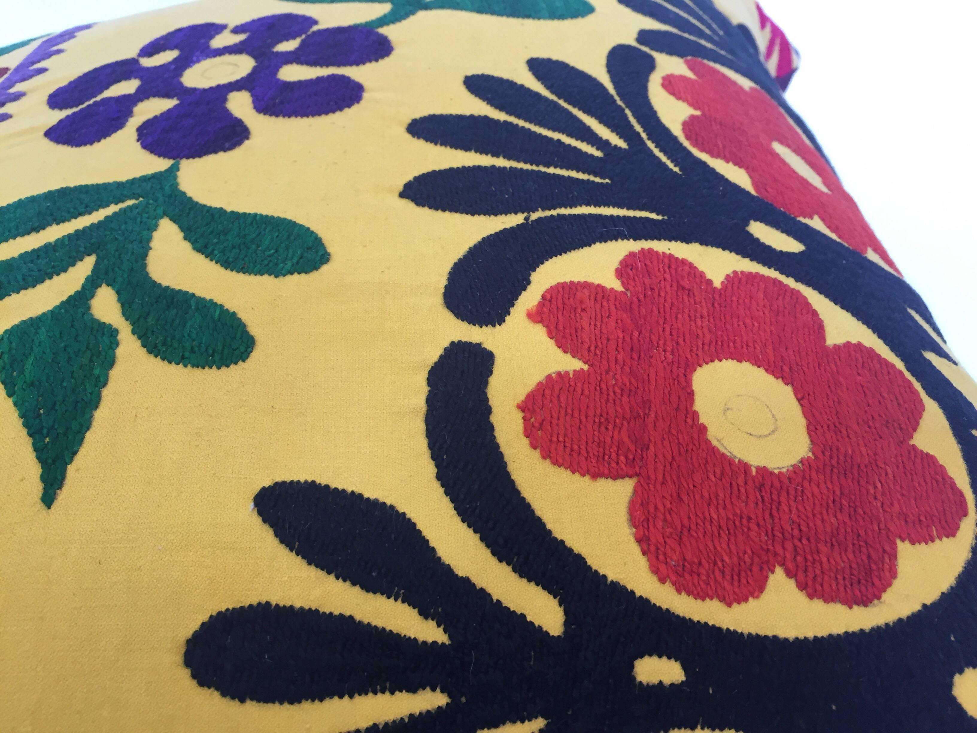 Vintage Large Yellow Suzani Embroidery Decorative Throw Pillow from Uzbekistan 6