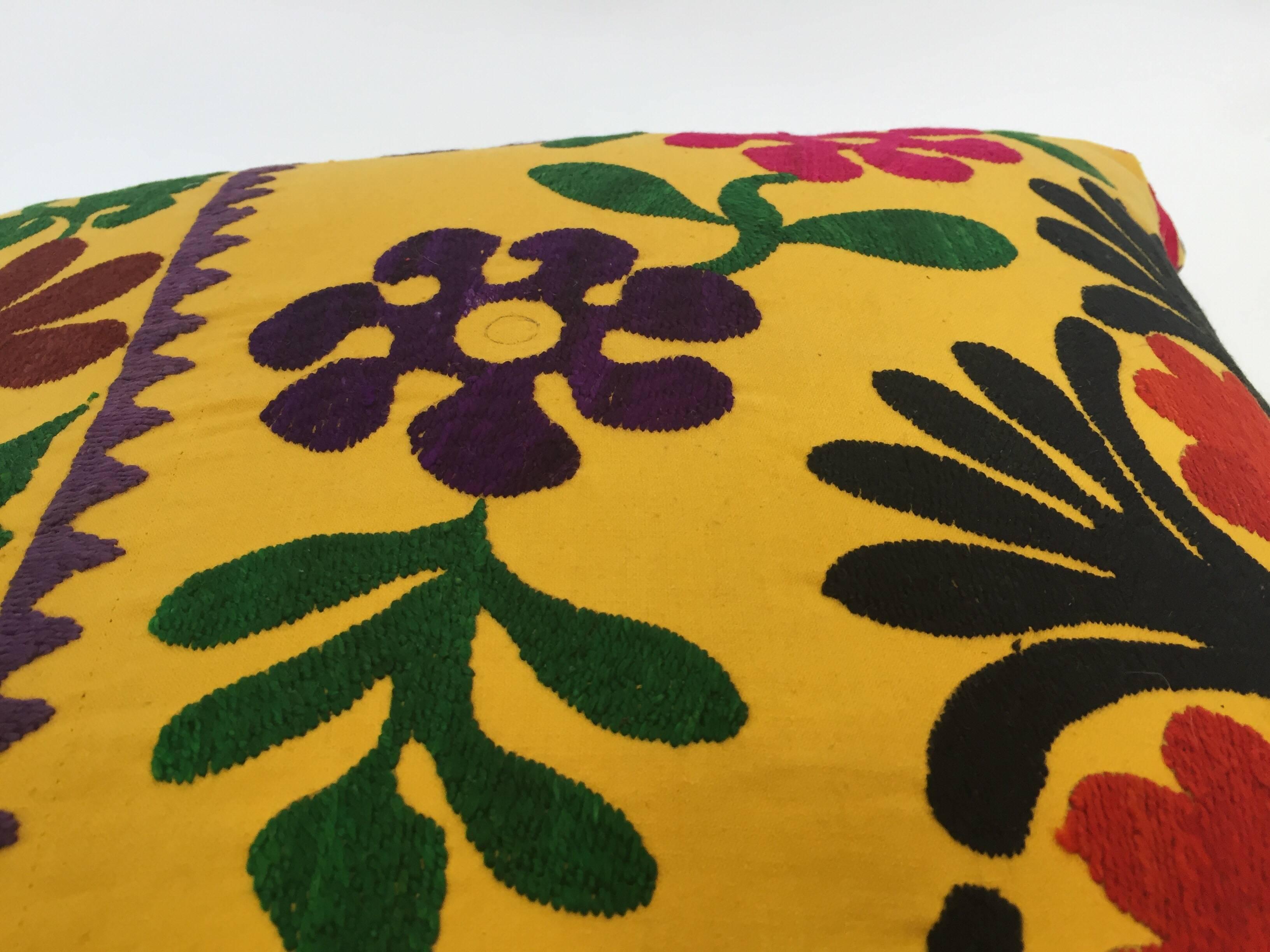 Vintage Large Yellow Suzani Embroidery Decorative Throw Pillow from Uzbekistan 7