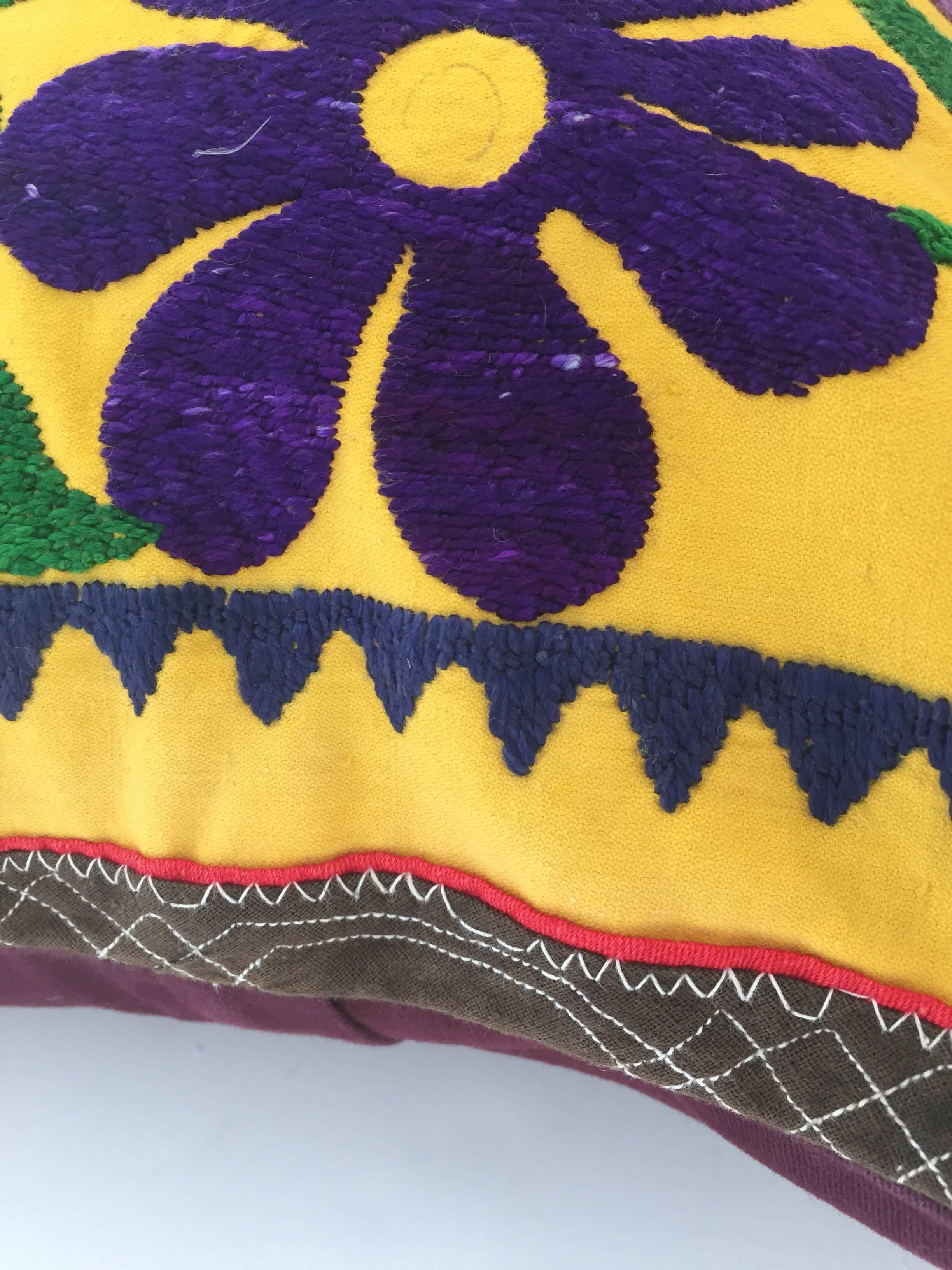 Vintage Large Yellow Suzani Embroidery Decorative Throw Pillow from Uzbekistan 8