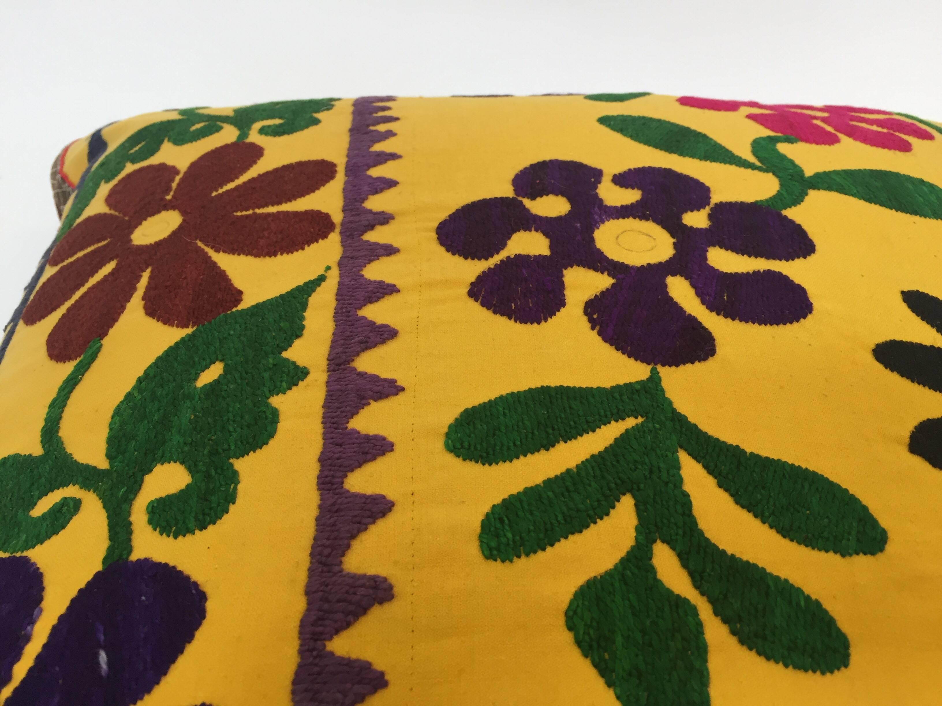 Vintage Large Yellow Suzani Embroidery Decorative Throw Pillow from Uzbekistan 9