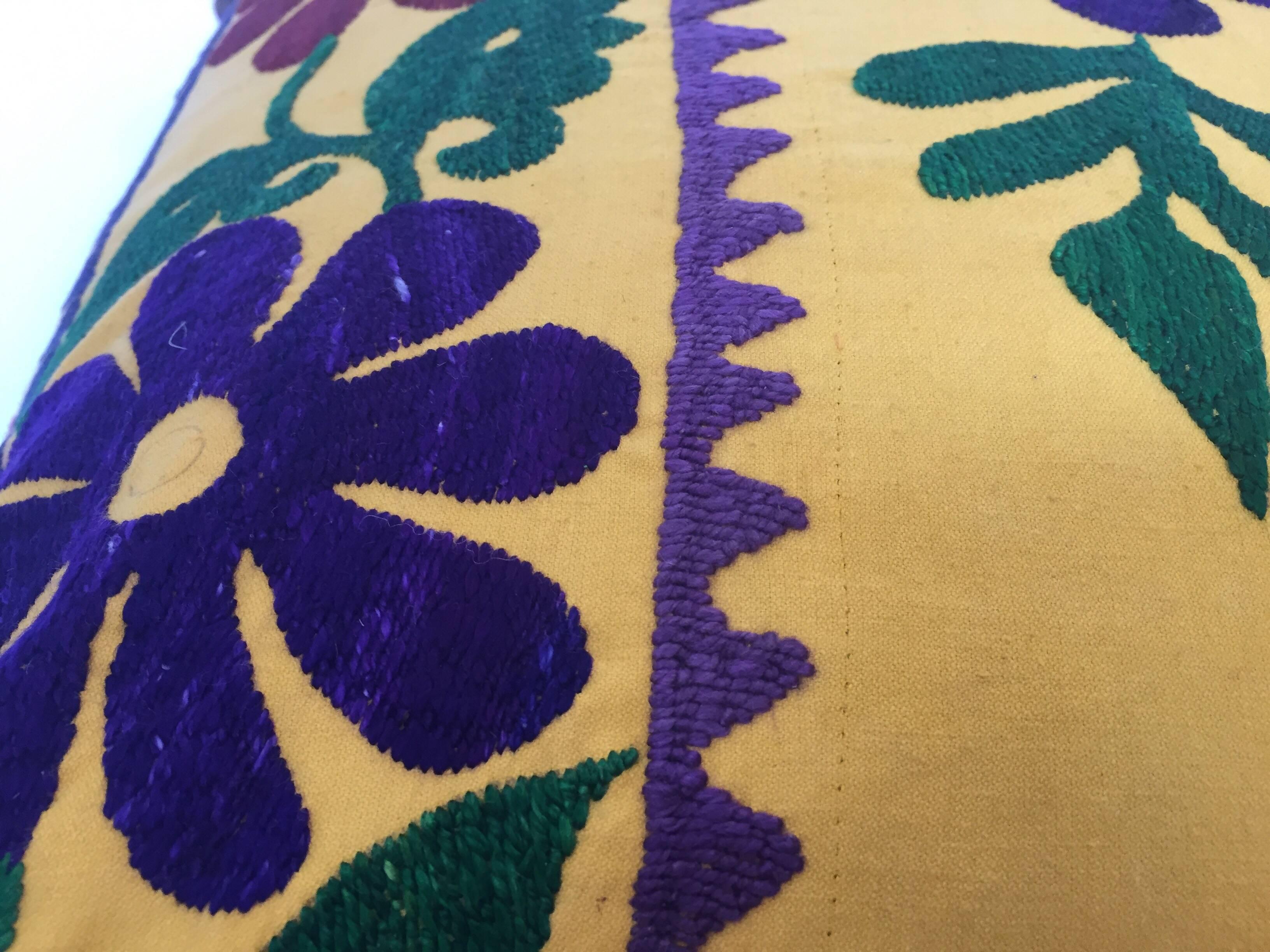 Vintage Large Yellow Suzani Embroidery Decorative Throw Pillow from Uzbekistan 10