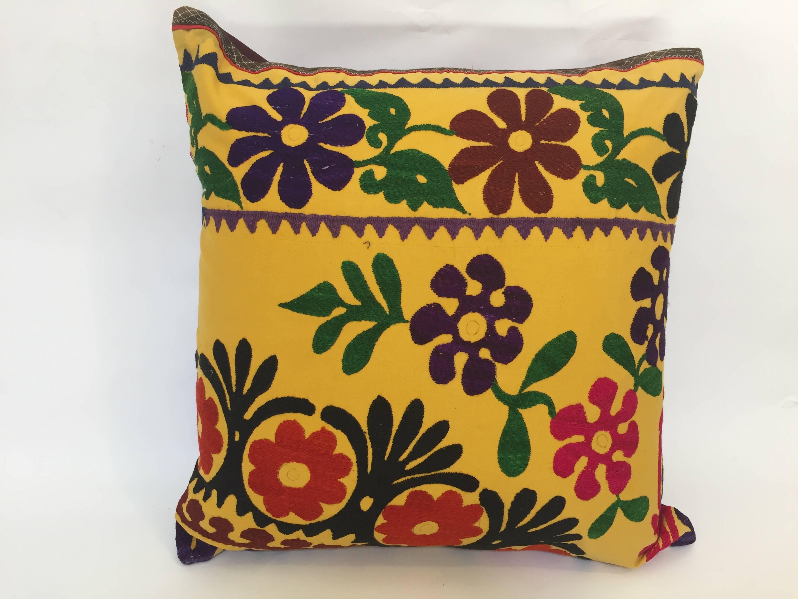Vintage Large Yellow Suzani Embroidery Decorative Throw Pillow from