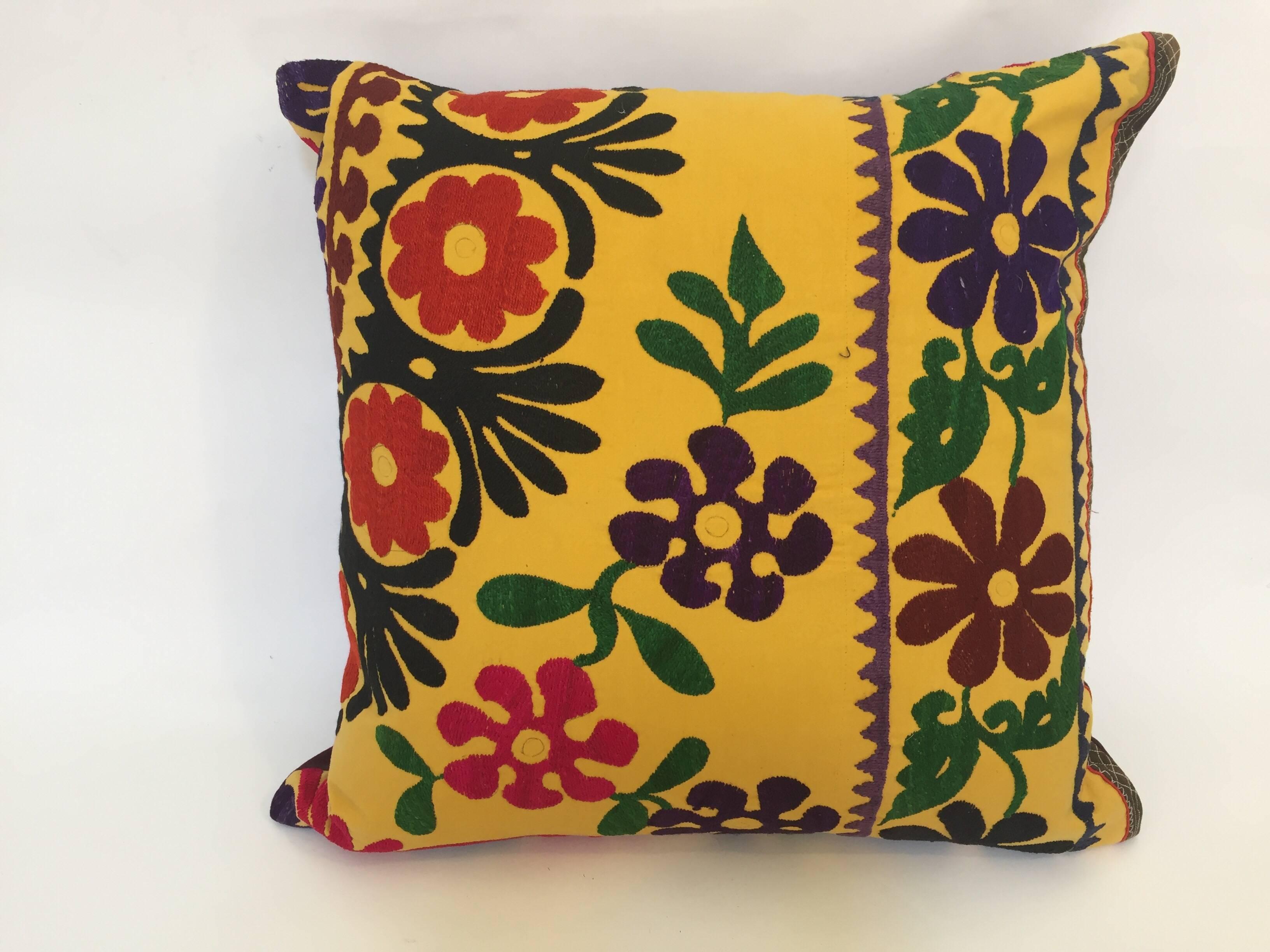 Hand-Crafted Vintage Large Yellow Suzani Embroidery Decorative Throw Pillow from Uzbekistan