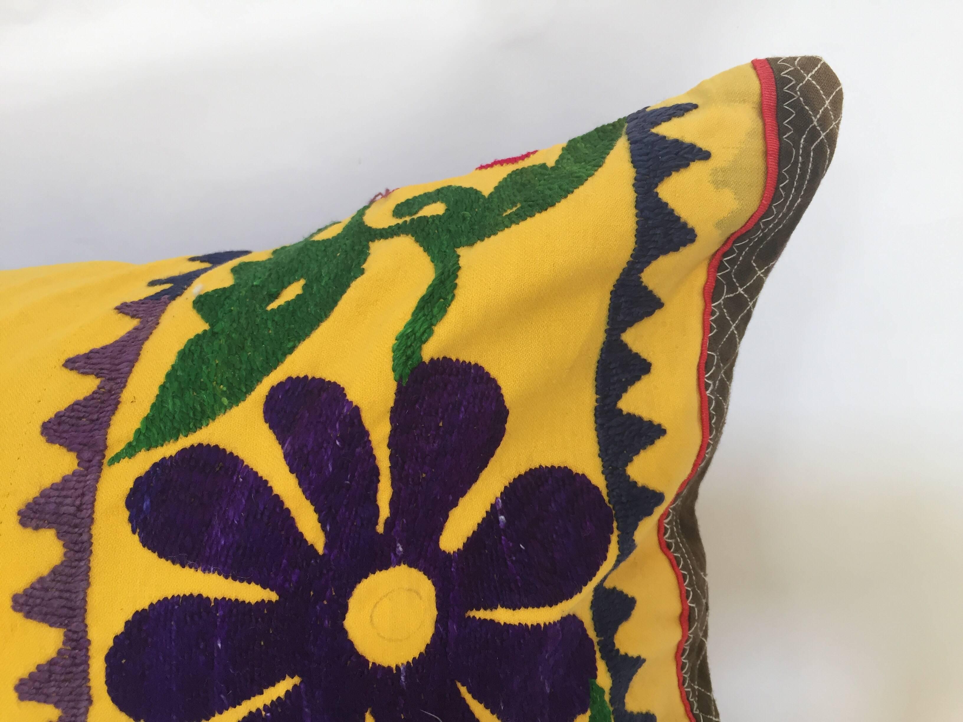 Vintage Large Yellow Suzani Embroidery Decorative Throw Pillow from