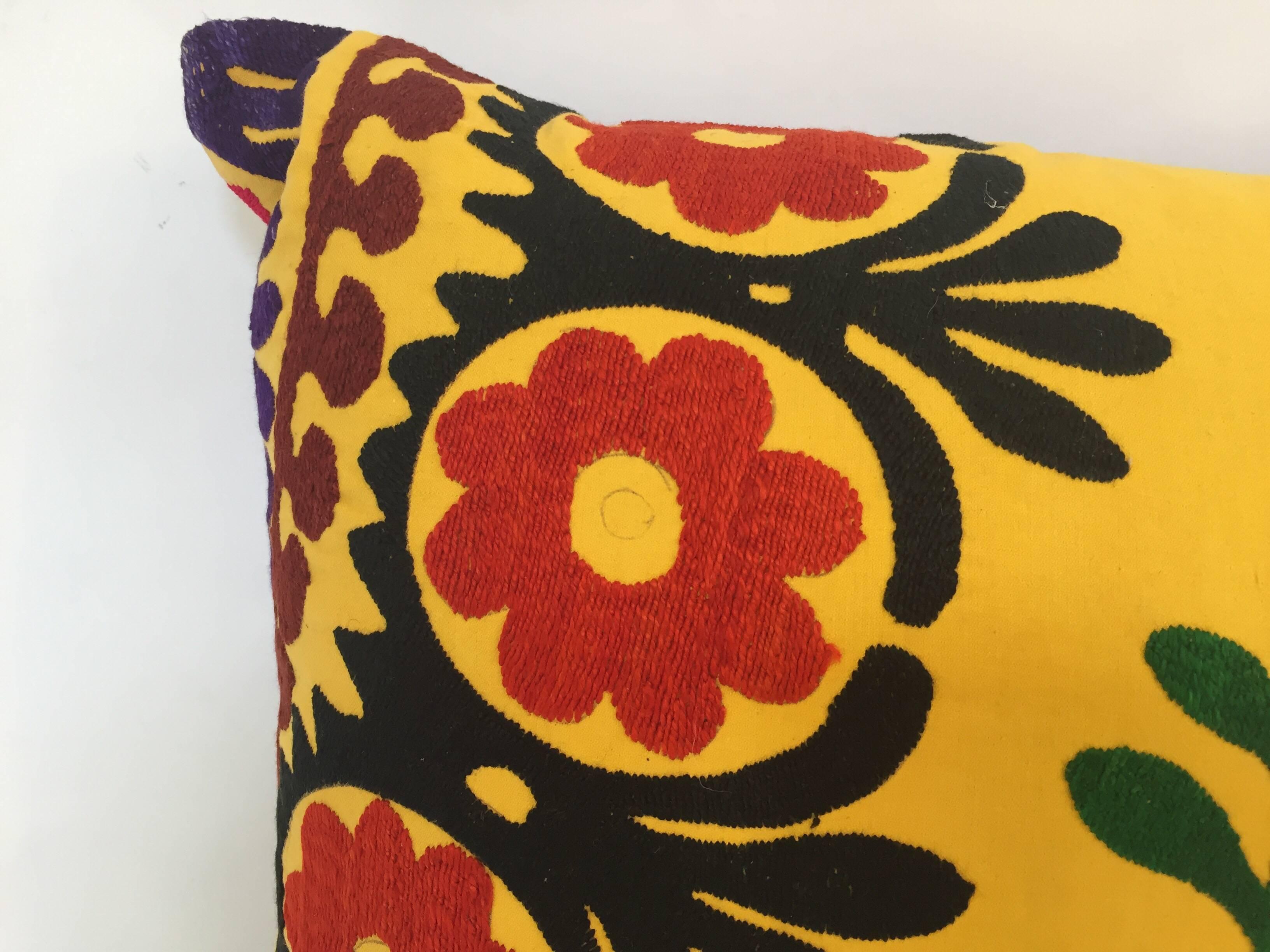 20th Century Vintage Large Yellow Suzani Embroidery Decorative Throw Pillow from Uzbekistan
