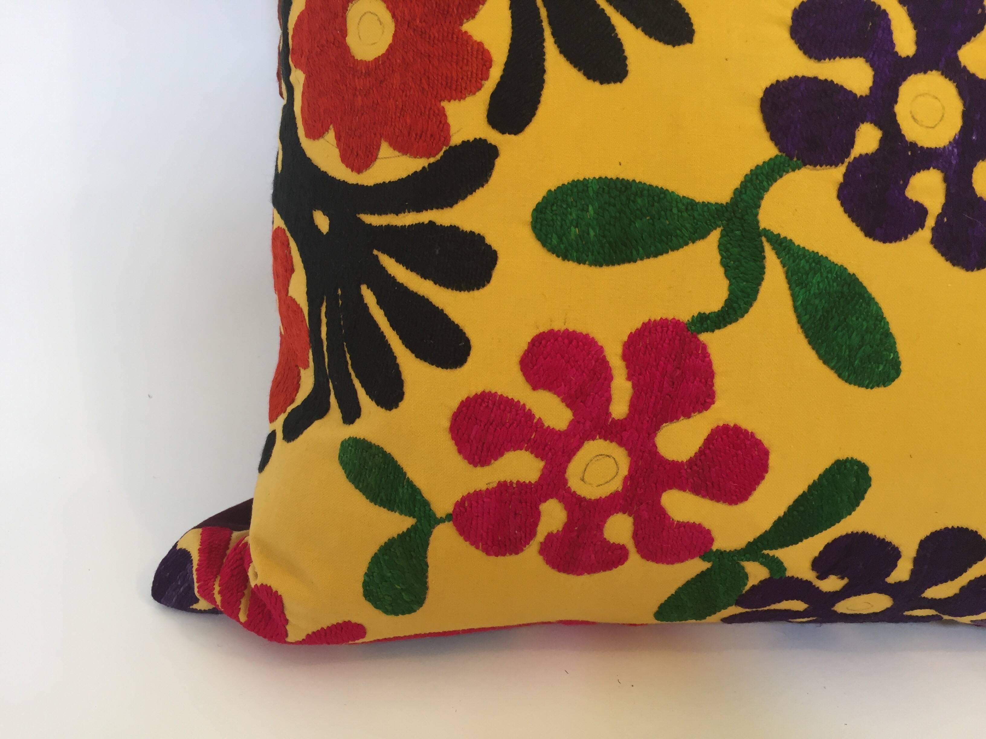 Cotton Vintage Large Yellow Suzani Embroidery Decorative Throw Pillow from Uzbekistan
