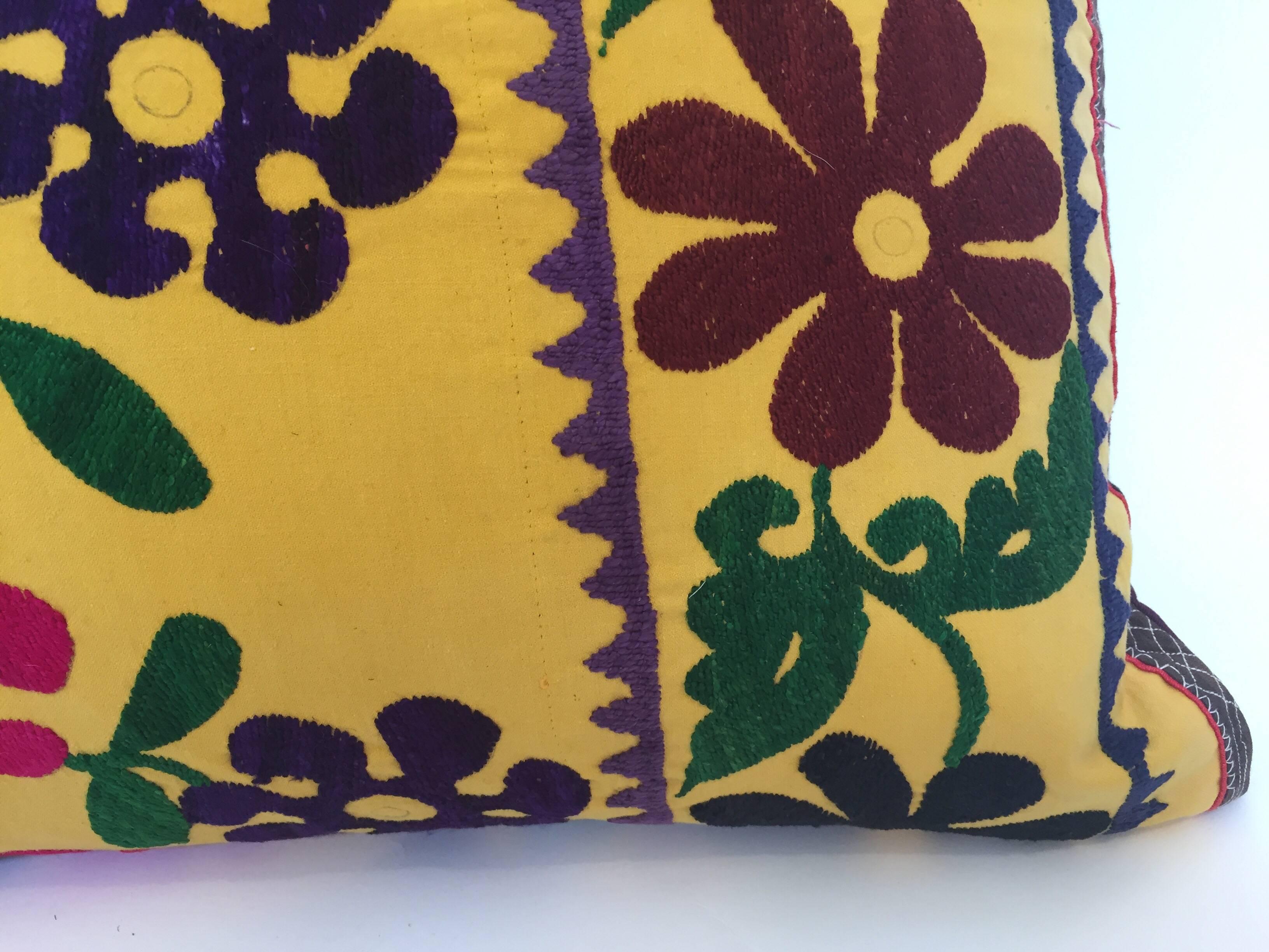 Vintage Large Yellow Suzani Embroidery Decorative Throw Pillow from Uzbekistan 2
