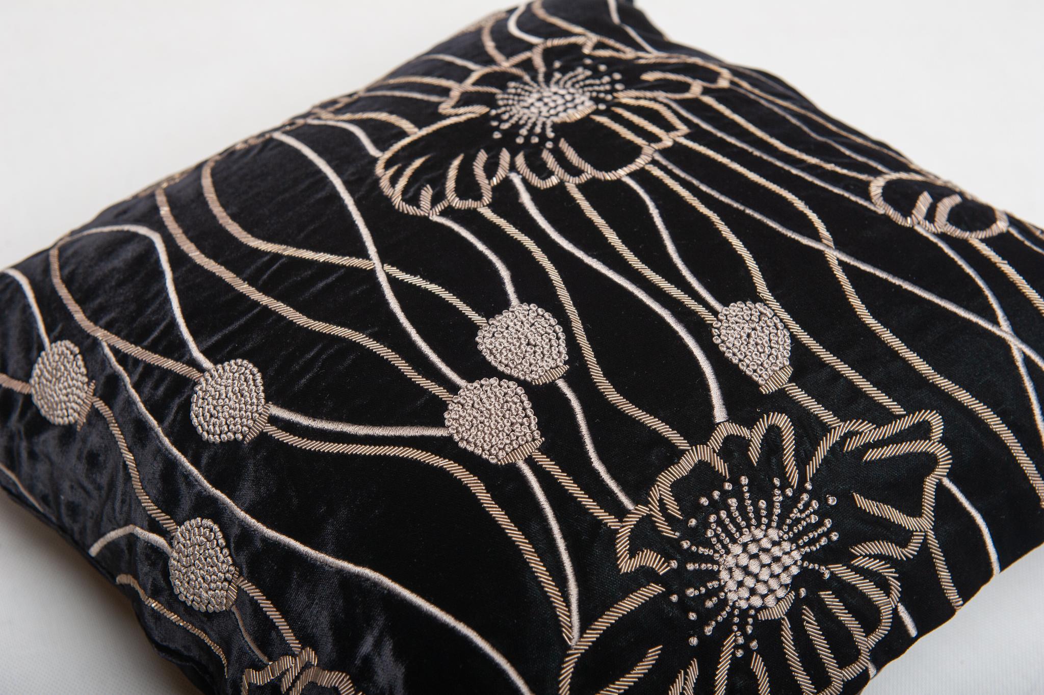 Anglo-Japanese Pillow in Embroidered Black Velvet For Sale