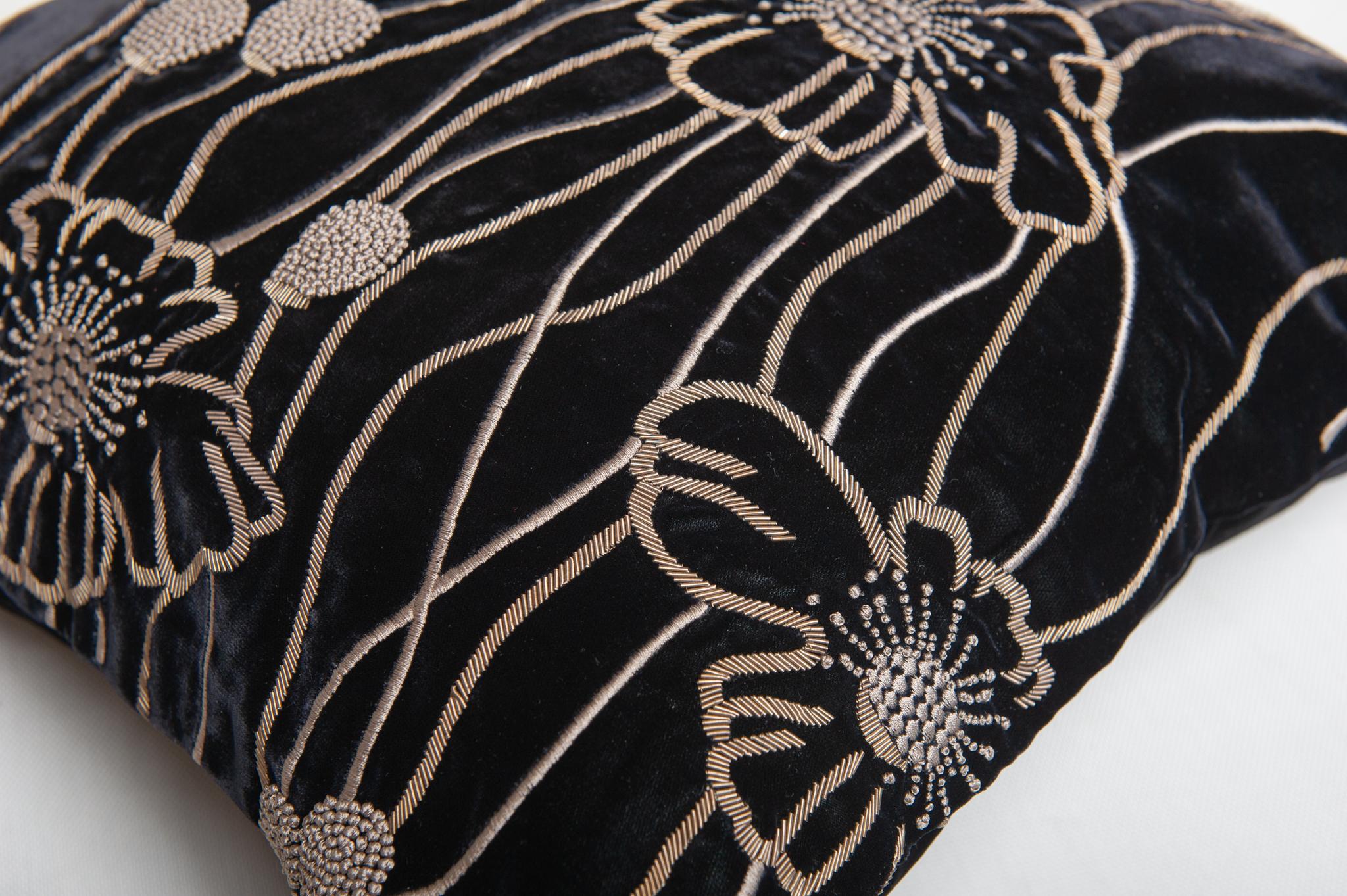 English Pillow in Embroidered Black Velvet For Sale
