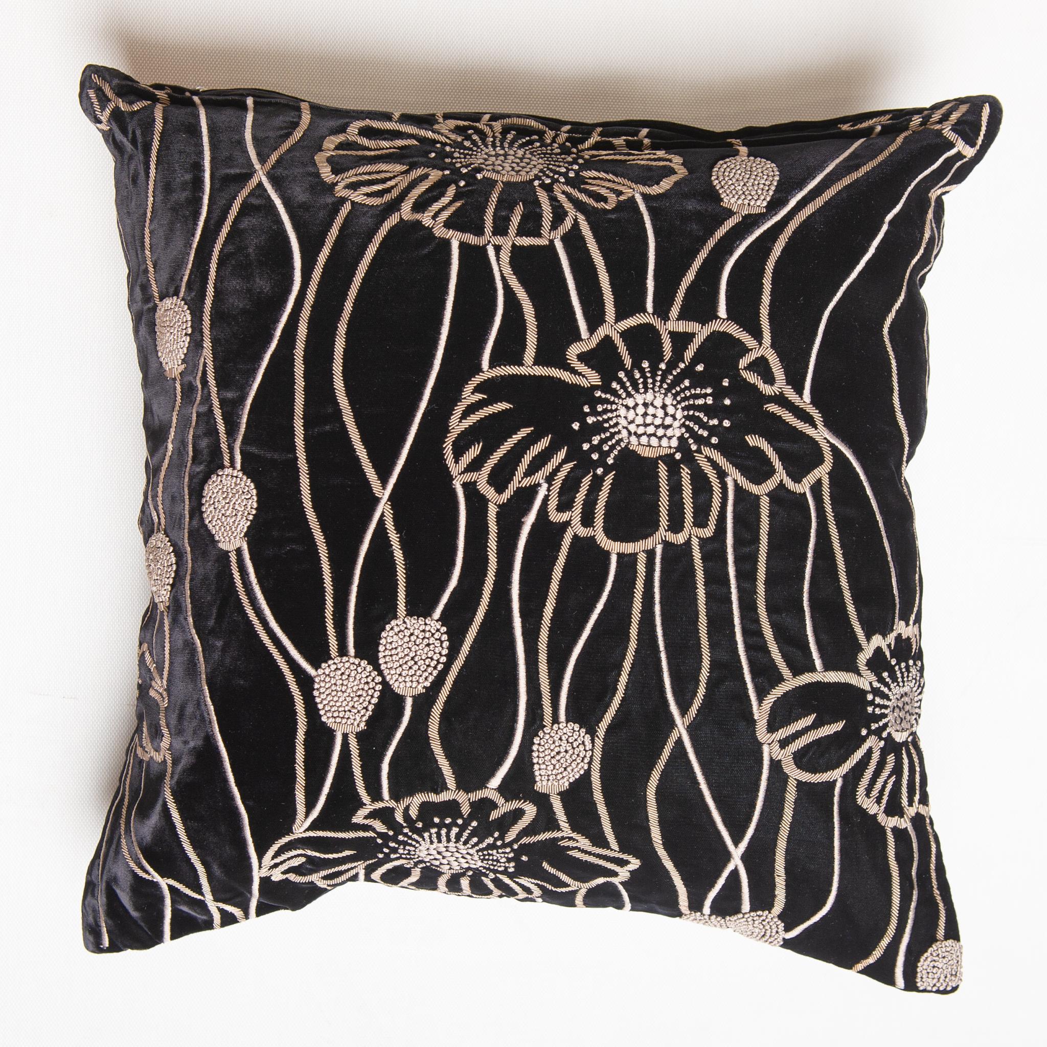 Hand-Woven Pillow in Embroidered Black Velvet For Sale