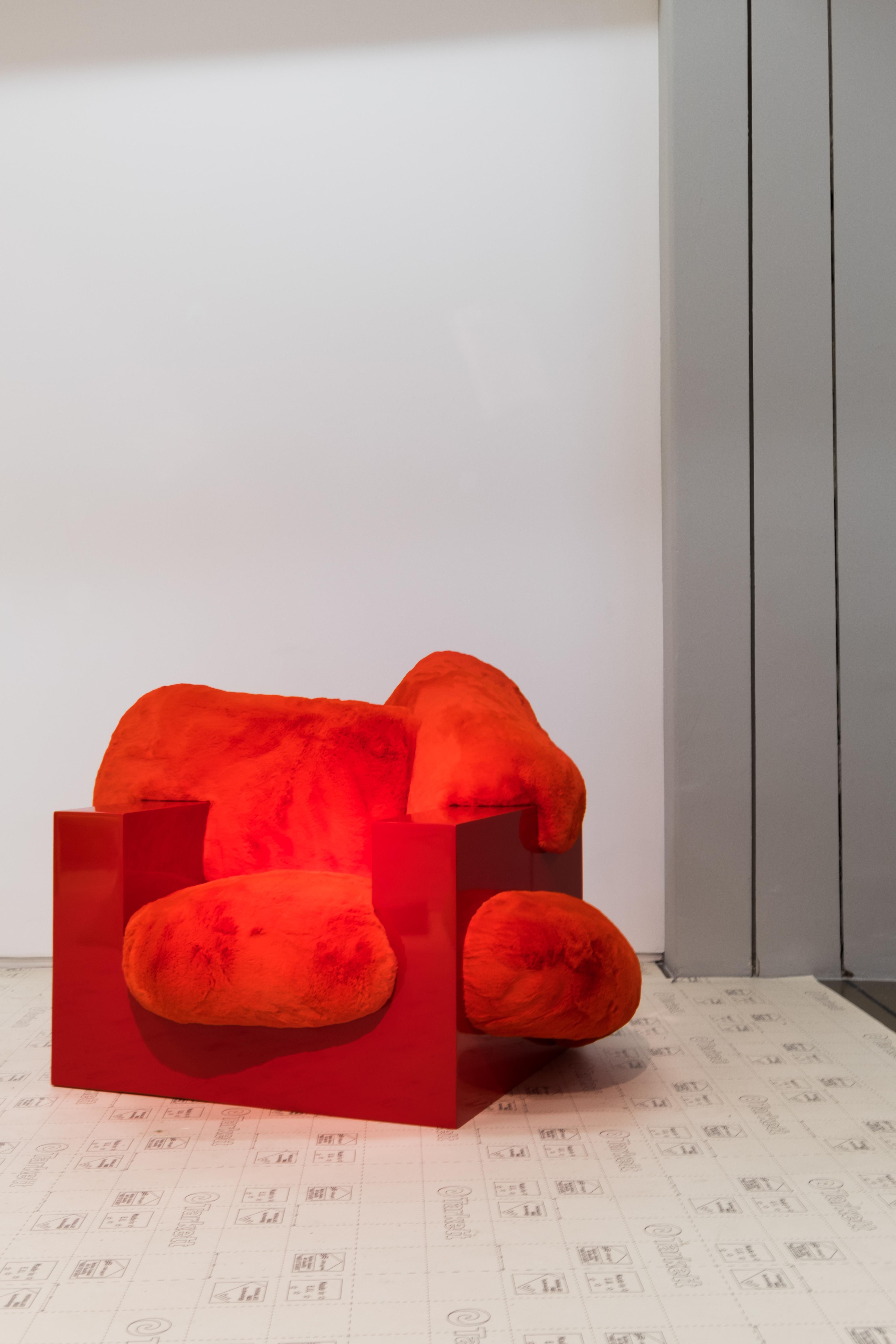 'Pillow Lounge Chair' in Red Lacquer and Faux Fur by Schimmel & Schweikle 9