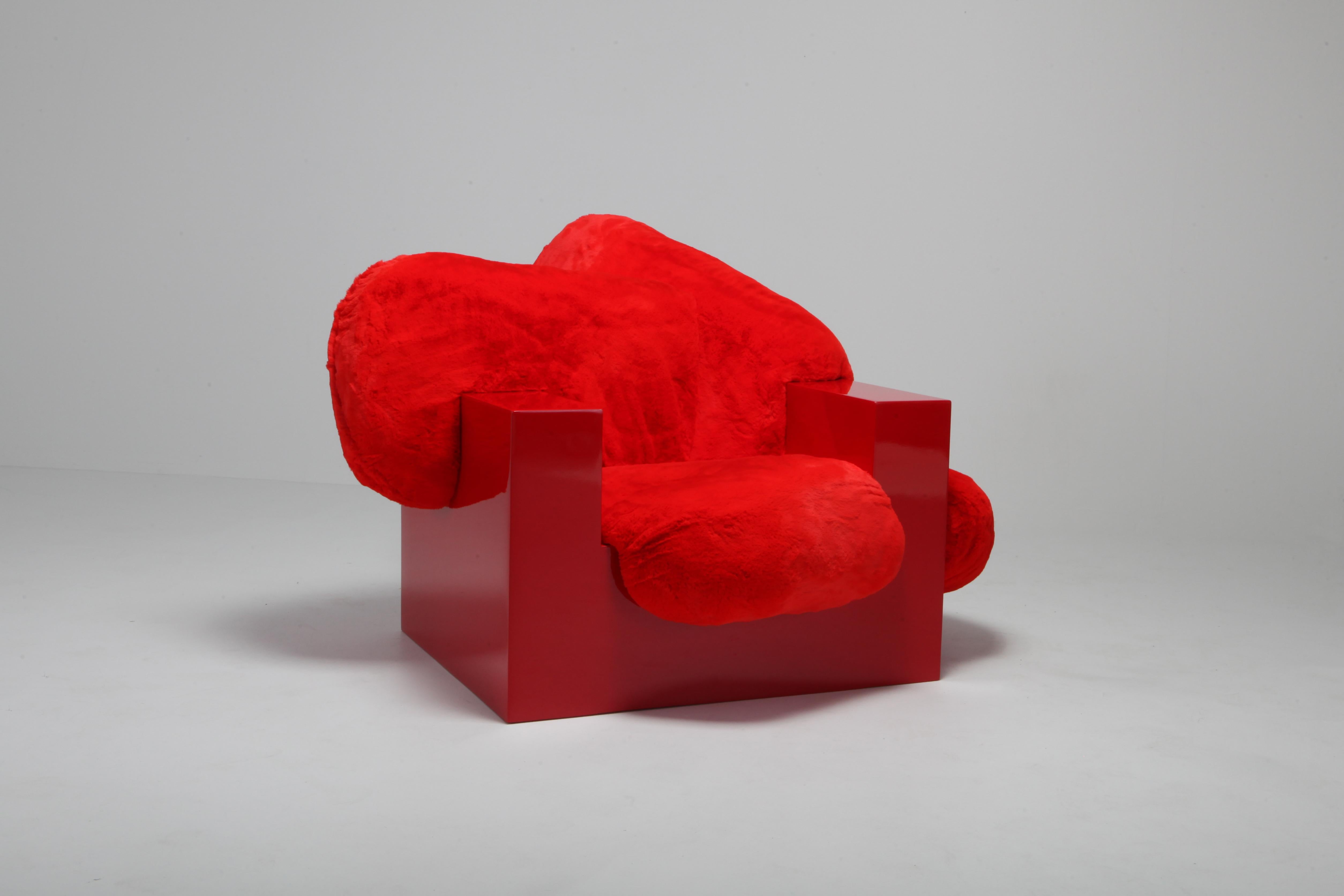 Pillow lounge chair (prototype)
Sizes: width 129 cm, depth 118 cm, height 87 cm material: wood, PU-foam, faux fur, car paint edition: prototype, unique piece.

Schimmel & Schweikle have announced their first solo exhibition 'A tree full of