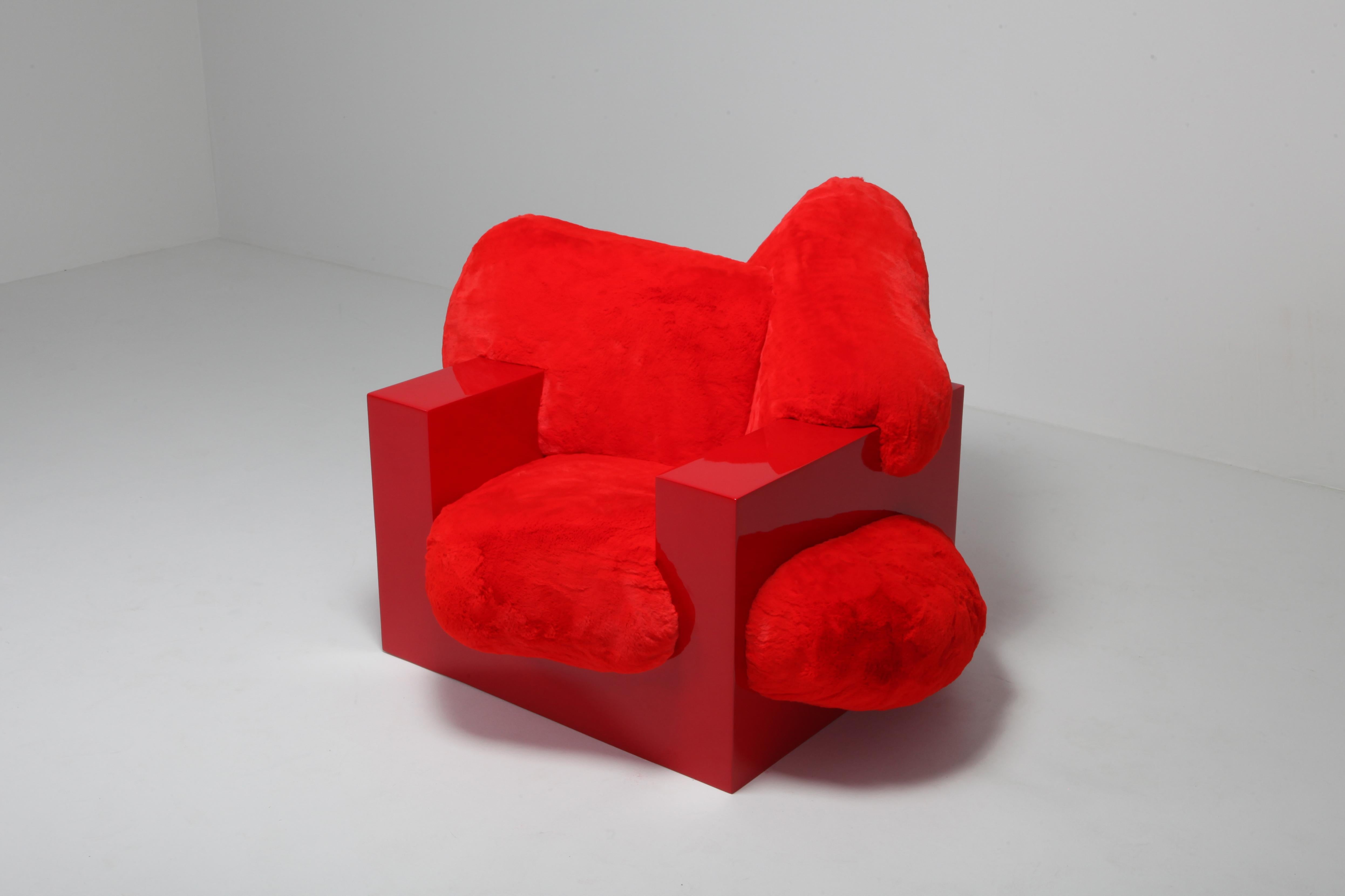 European 'Pillow Lounge Chair' in Red Lacquer and Faux Fur by Schimmel & Schweikle