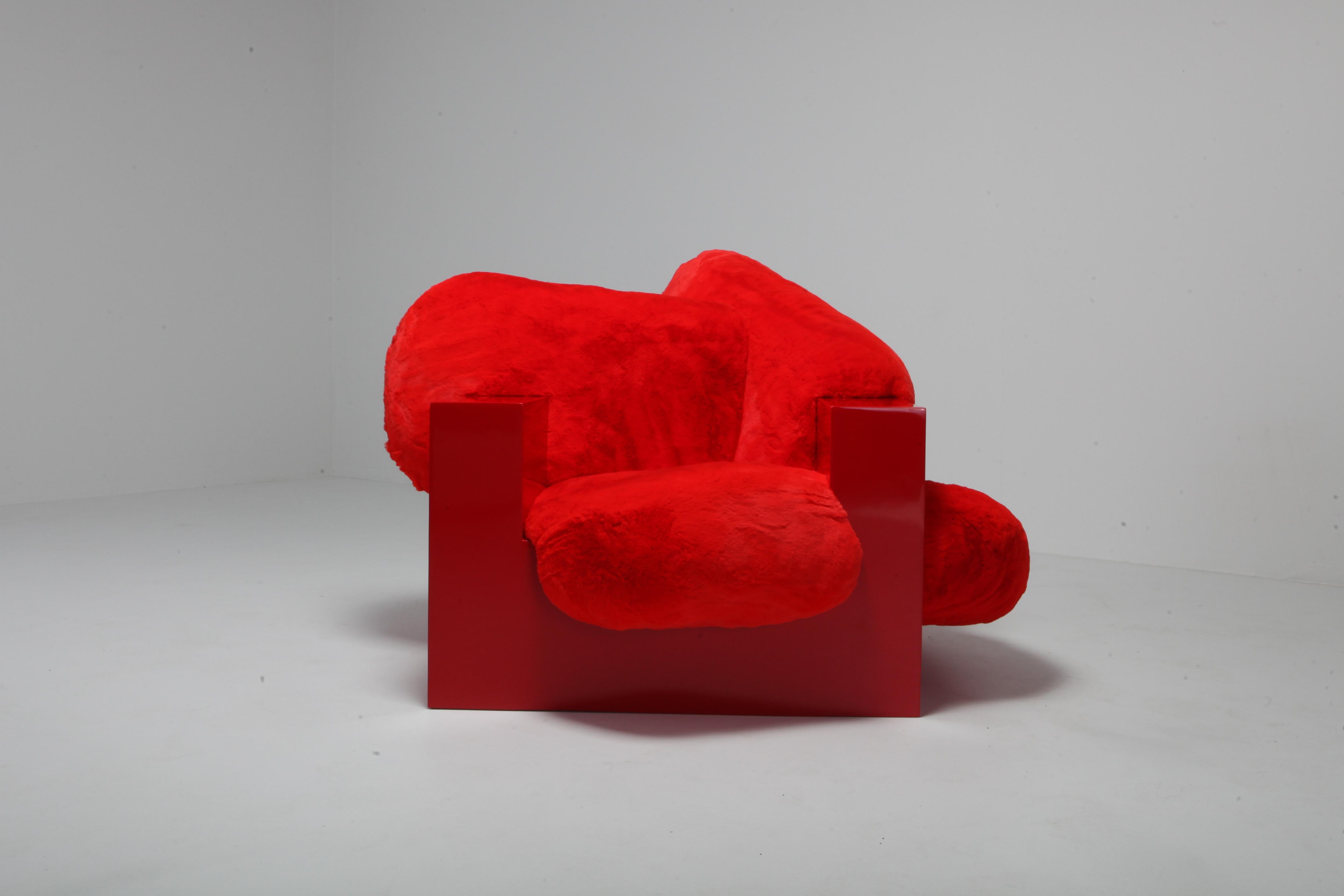 'Pillow Lounge Chair' in Red Lacquer and Faux Fur by Schimmel & Schweikle 2