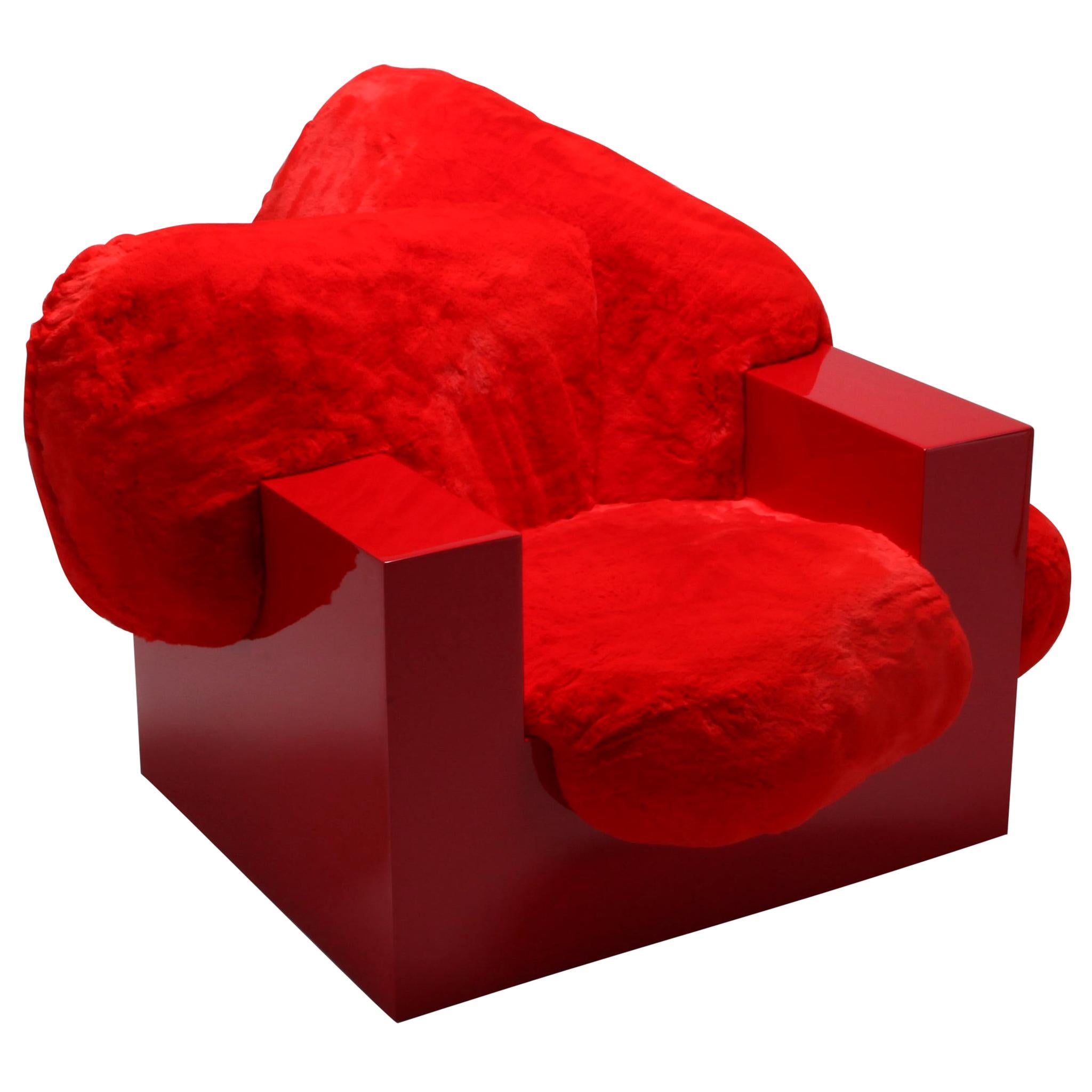„Kissen-Loungesessel“ aus rotem Lack und Kunstpelz von Schimmel & Schweikle im Angebot